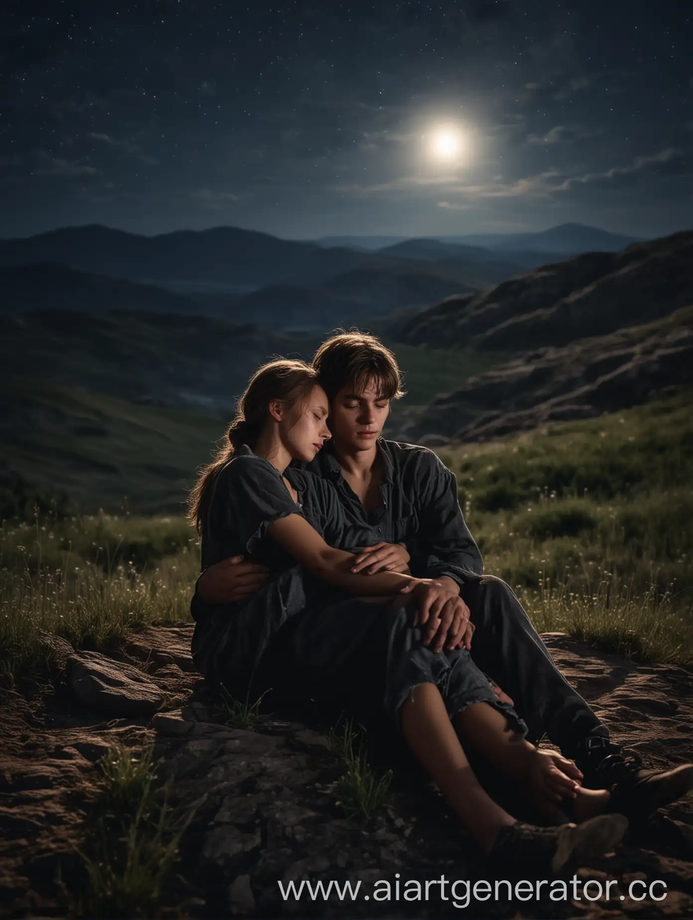 Embracing-Couple-on-Mountain-Slope-at-Night