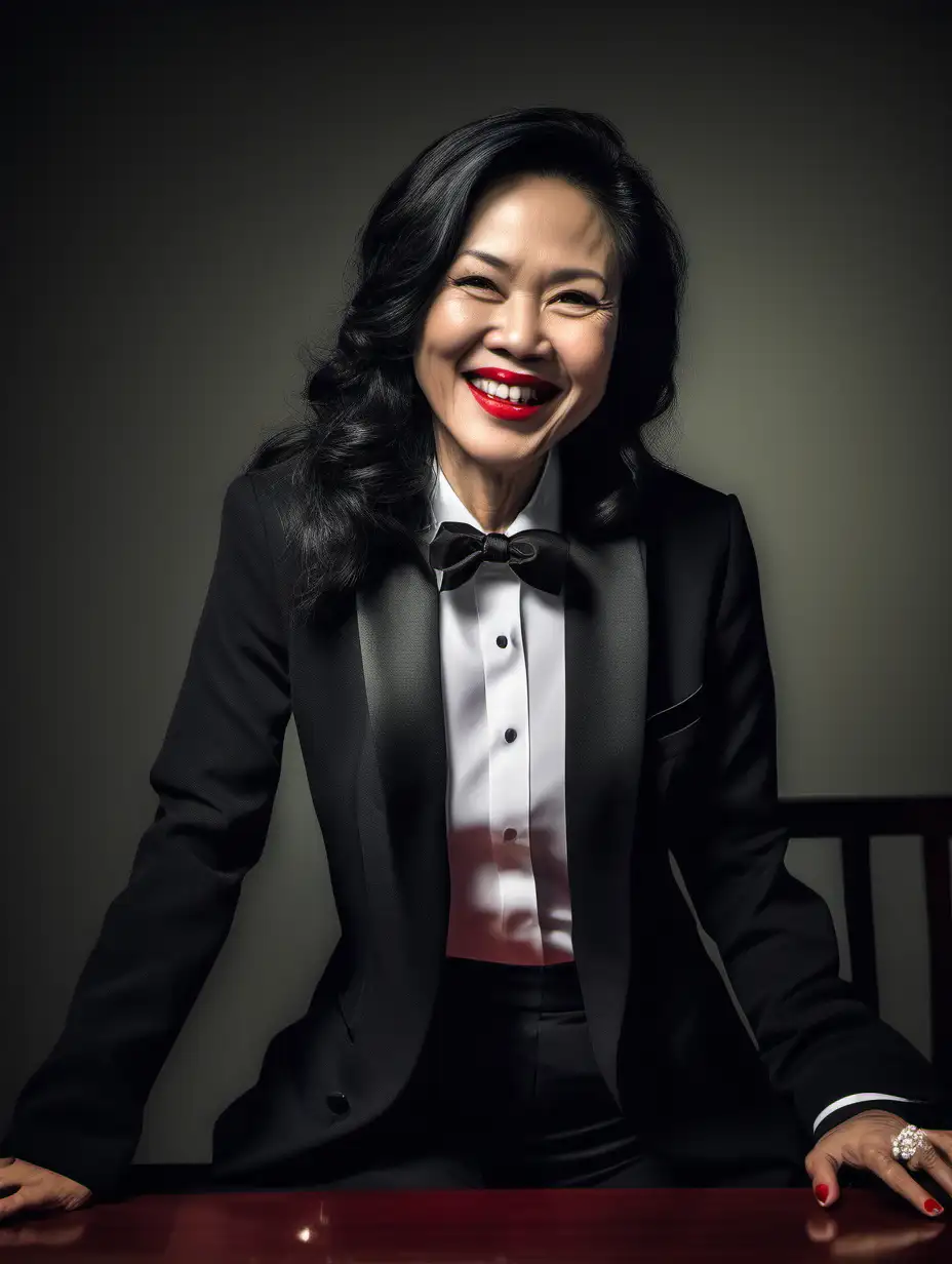 A pretty 40 year old Vietnamese woman with long black hair and red lipstick is sitting at a table in a dark room.  She is smiling and joyful and ecstatic.  She is wearing a tuxedo.  (Her jacket is open.) (Her pants are black.) Her shirt is white with a black bow tie.  Her cufflinks are large and black.  Her jacket has a corsage.