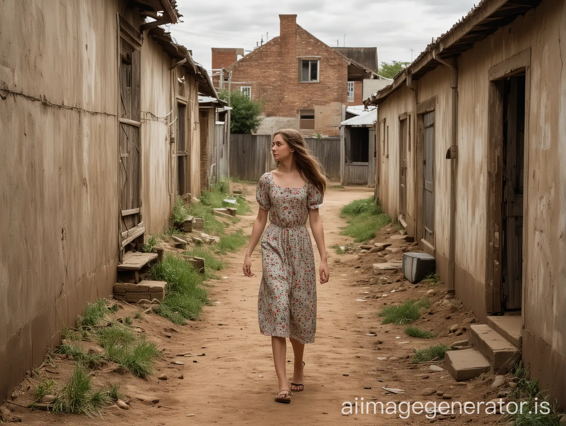 A young and beautiful woman in her local dress walks down a dirt alley towards an old house. There are many houses in this alley and all of them are old