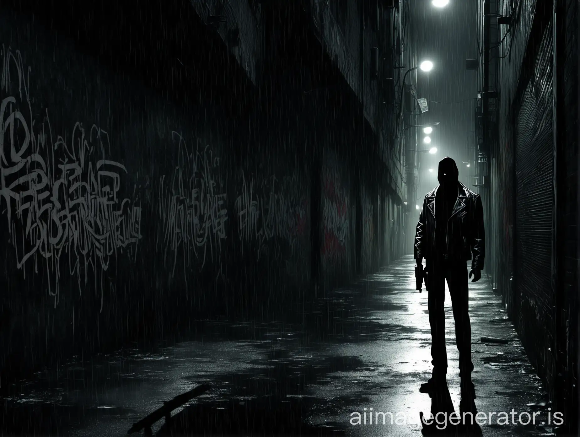  Imagine a rain-soaked alley in the heart of urban Detroit, dimly lit by flickering streetlights. In the foreground, we see Jake Daniels, clad in a worn leather jacket, his face obscured by shadows, gripping a handgun tightly in one hand. His eyes pierce through the darkness with a steely determination as he cautiously navigates the desolate alley, his senses alert for any sign of danger. In the background, silhouetted against the graffiti-covered walls, lurks the sinister figure of the serial killer, their presence hinted at by a faint glint of a blade. The tension is palpable as the two adversaries stand on the brink of a deadly showdown in the heart of the urban jungle. in a webtoon style
