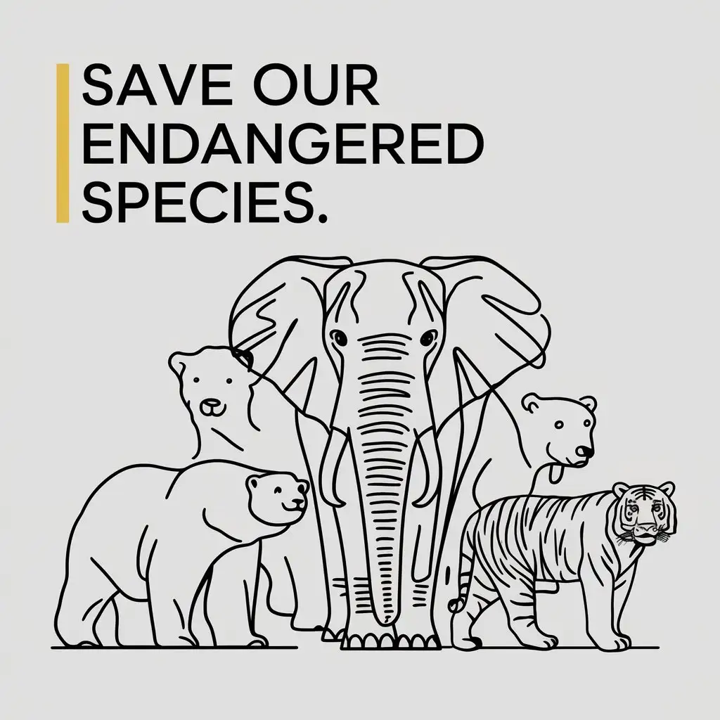 A minimalist line art illustration of endangered animals with a call to action. 