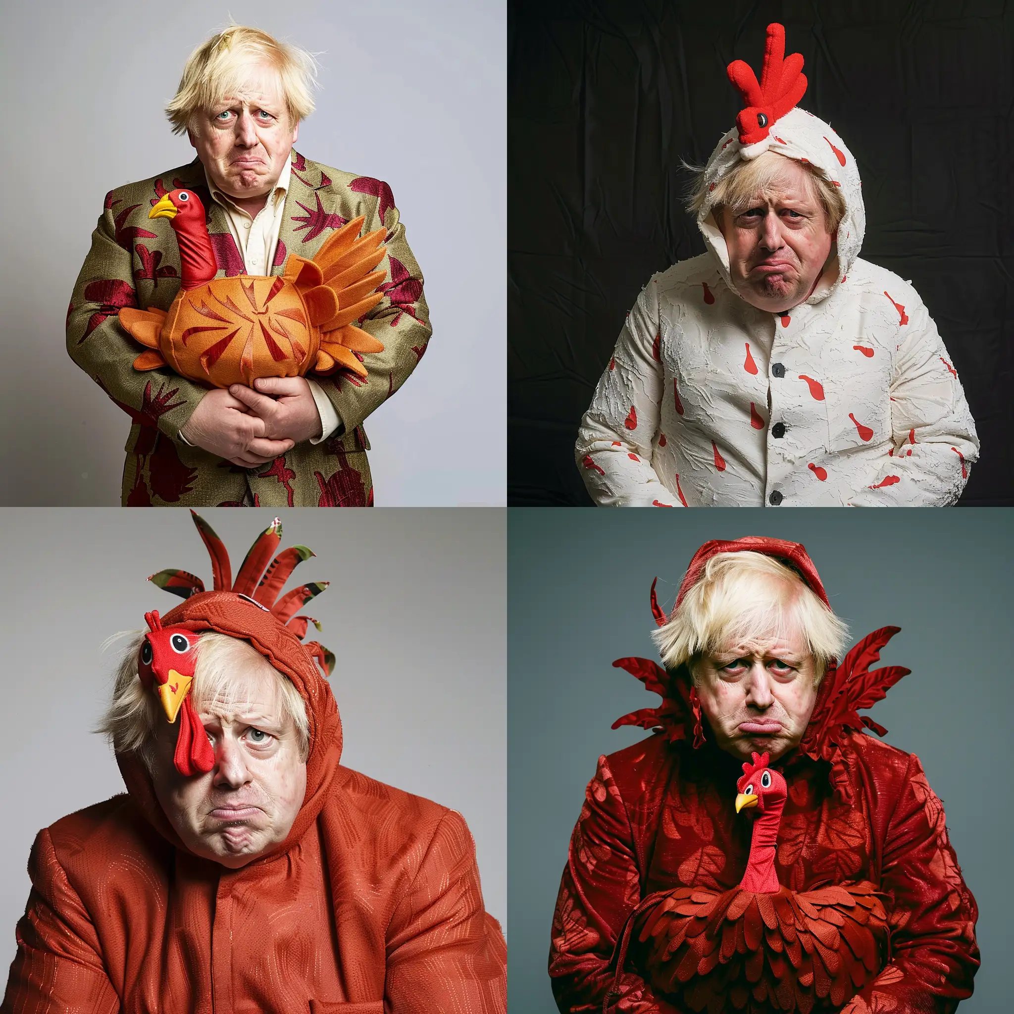 British Politician Boris Johnson dressed in a turkey suit, looking disgruntled