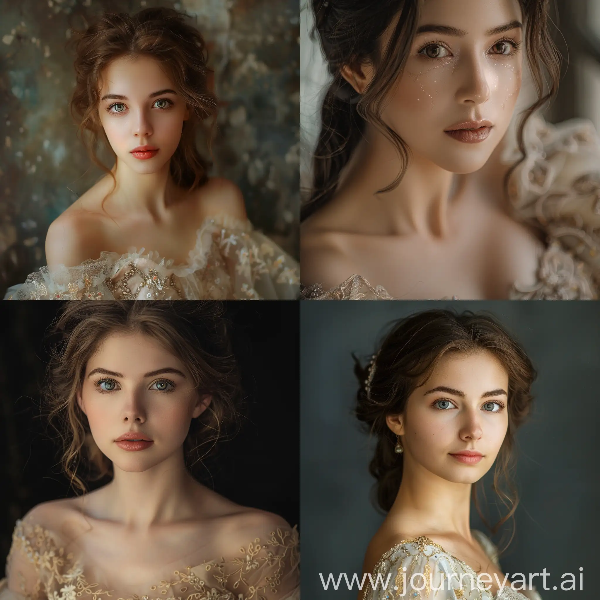 (Real photo of a very beautiful 25-year-old woman wearing a princess dress, beautiful eyes, delicate face, promotional photo pose, romantic look, princess and royal theme, (very attractive and beautiful woman), beautiful and professional pose Studio photo suitable for poster ads, excellent skin texture, serious face,