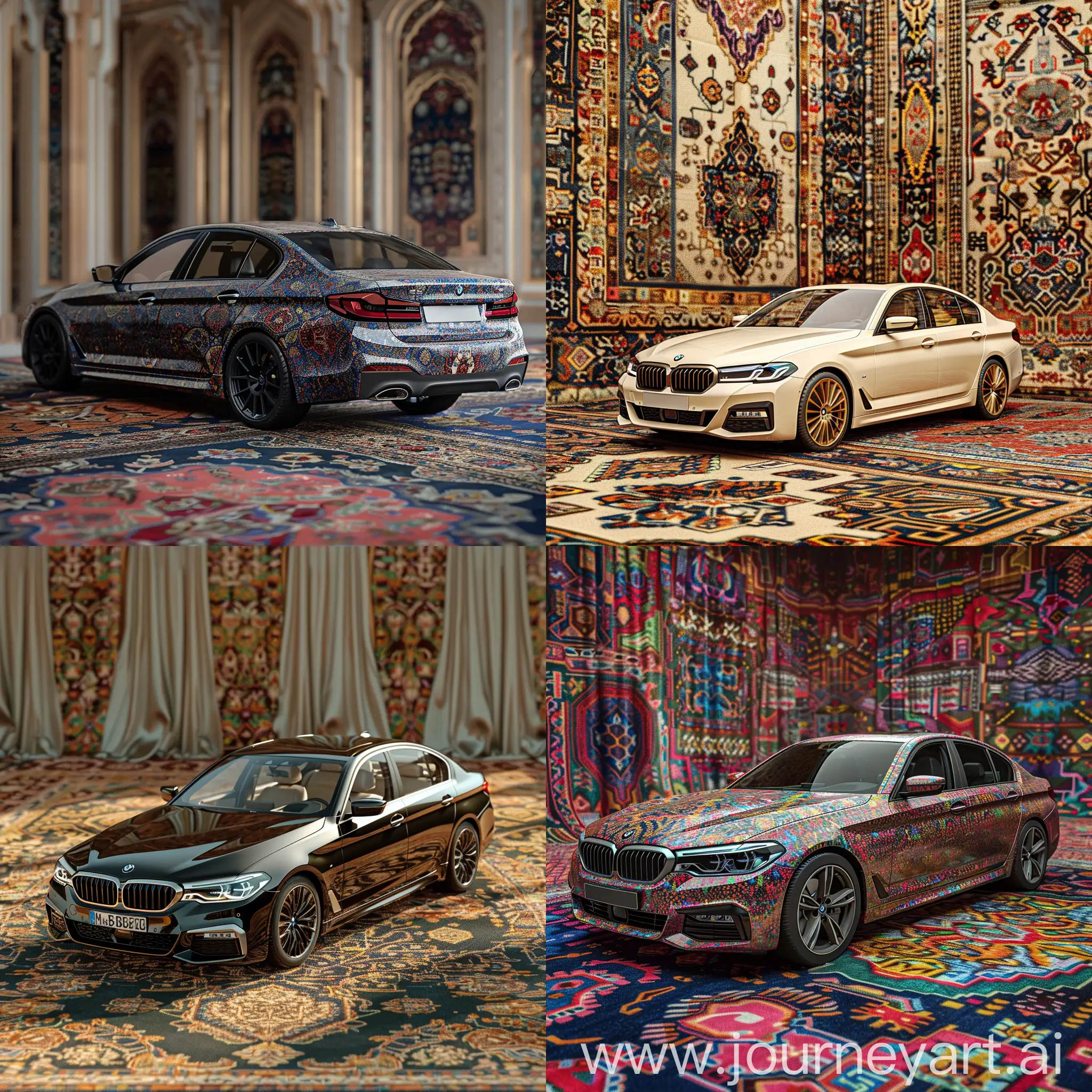 Design the bmw 530 car with Iranian carpet designs in a completely natural way, the background is Iranian carpet, very real, 3d, exhibition angle