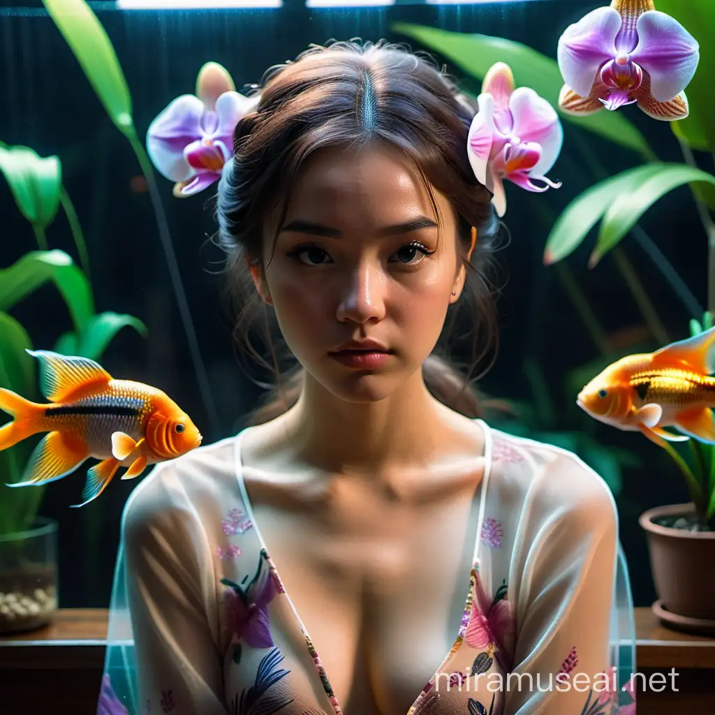 a young woman in a see-through blouse, sitting facing me and looking worried. Exotic fish and orchids surround her head. Dramatic atmosphere