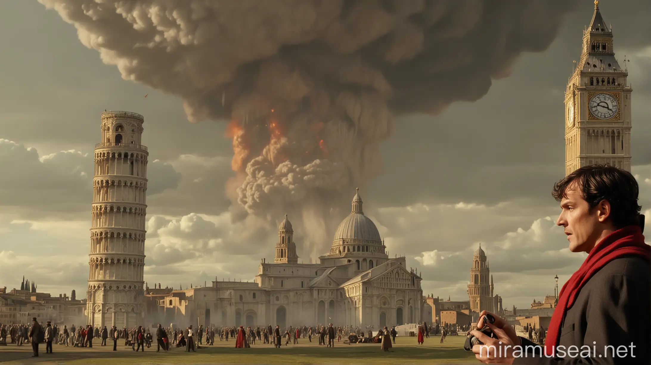 In foreground Sherlock Holmes-aristocrat, with a magnifying glass and looking through it at the tower of pisa.
All the Background must be a giant and massive and cathastrophic mushroom cloud of the atomic bomb, in very bright red and yellow) .insert also a movie clapperboard , realistic
