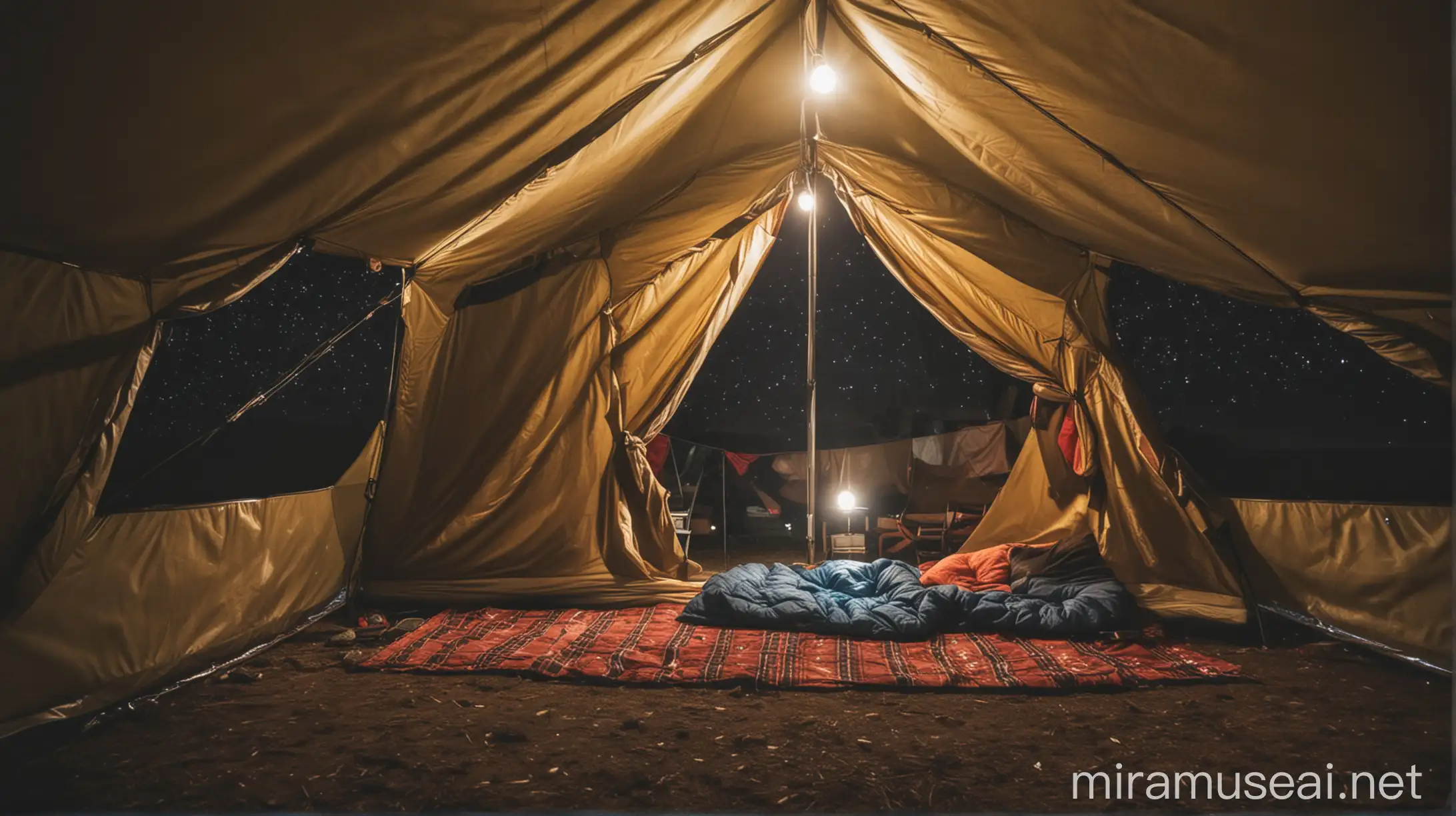 Di dalam tenda camping yang bagus malam hari