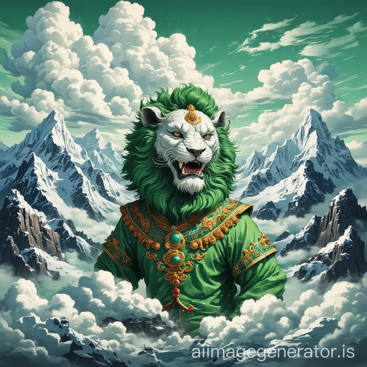 Abstract cartoon pop art design, Chinese dancing lion bust with green fur and white skin surrounded by clouds, side view, stylized t-shirt print, snowy mountains in background