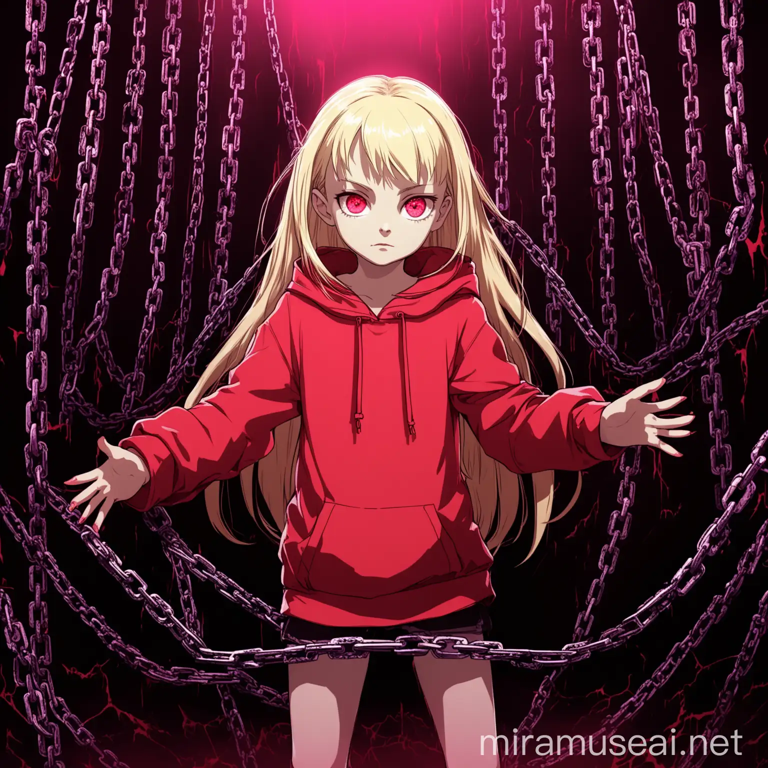 Blonde Villain Girl in Red Hoodie Surrounded by Pink Chains