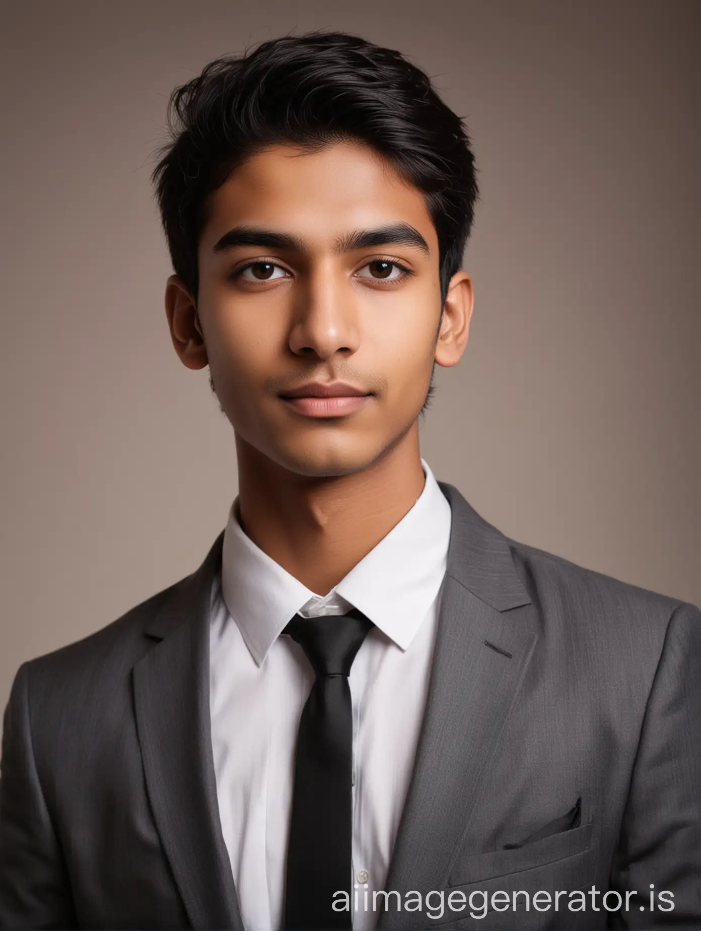 20 year old indian boy With fair skin narrow body Posing for a linkedin picture in formals formed light in background with minimal facial hairs