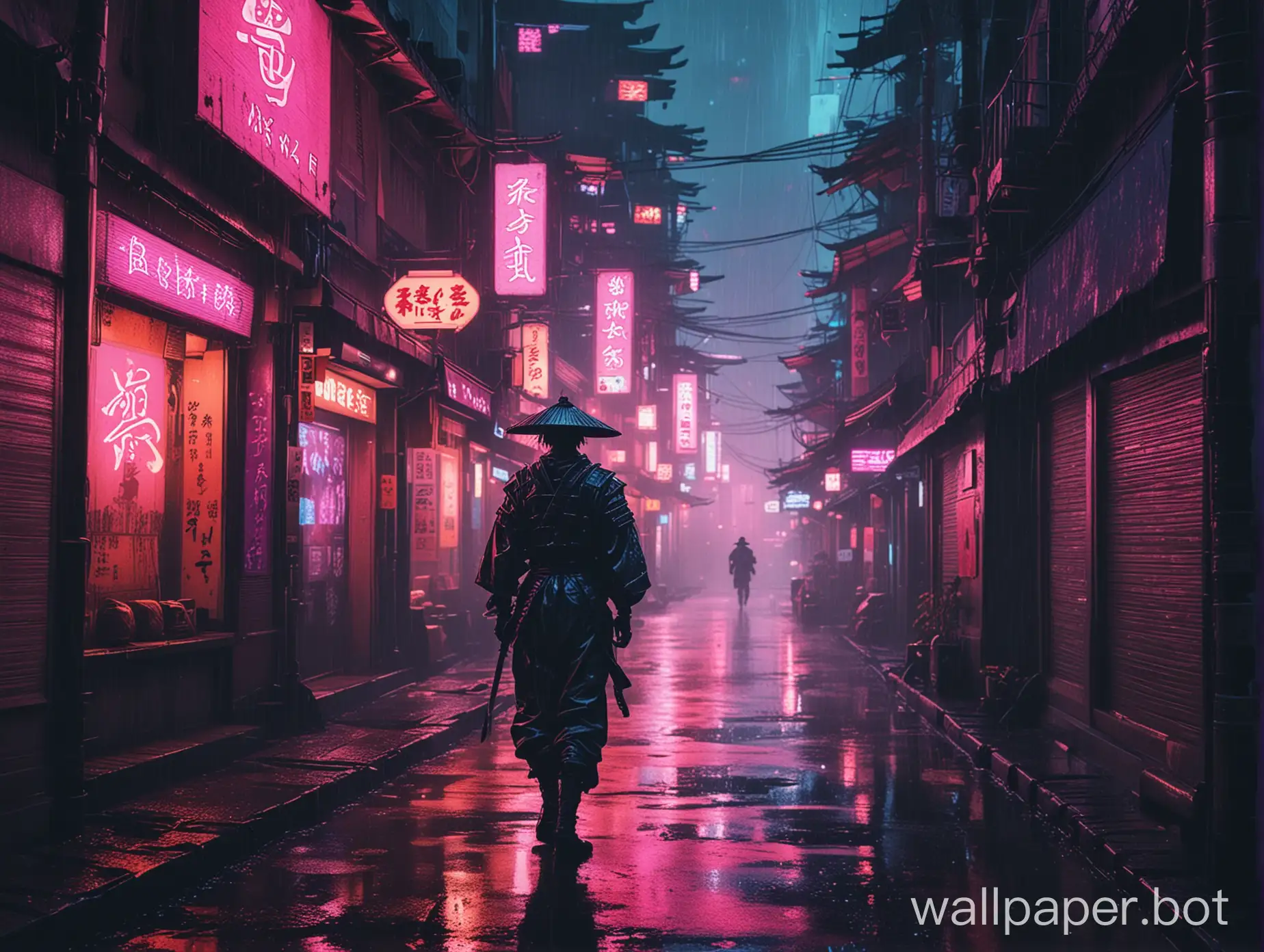 A samurai walking through a dark dingy rainy neon-light filled city in a very 80s retrowave vibe.