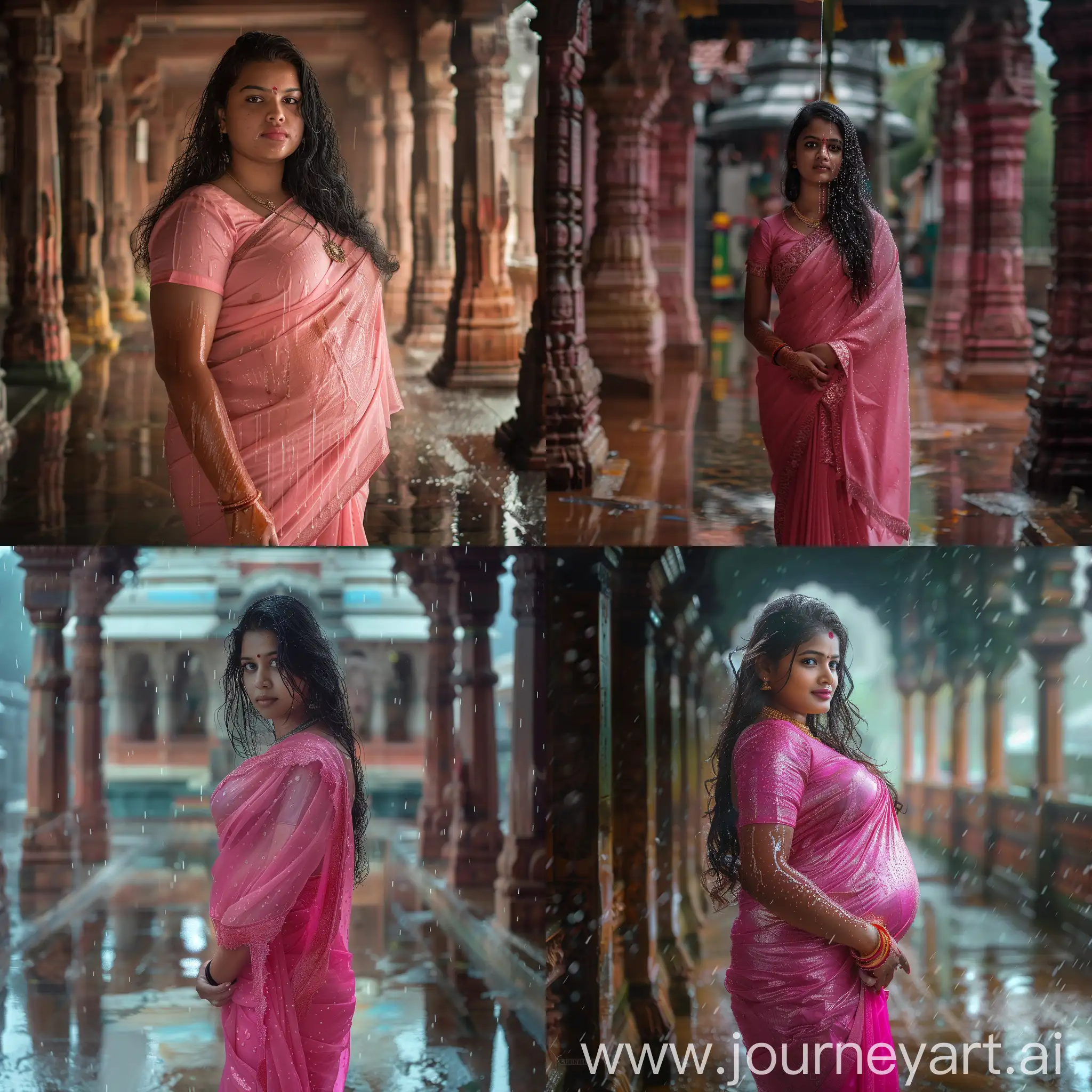 An average, curvy, teenage Tamil girl wearing a classy pink saree on a rainy day in a temple in Kochi, Kerala. She looks stunning, wet and sweet, with honey-dripping charm. The photography is done with a Canon DSLR, half body portrait, waist shot, hyperrealistic image, grandiose, splendor
