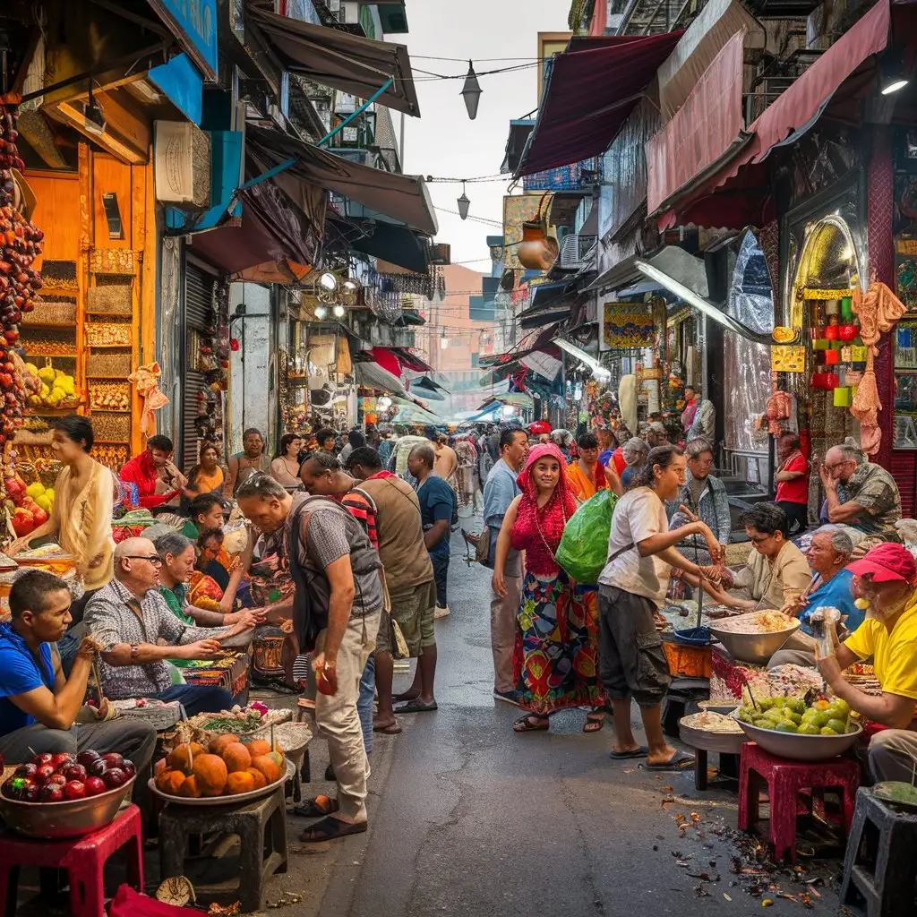 Vibrant-Foreign-Market-Scene-with-Diverse-Vendors-and-Shoppers