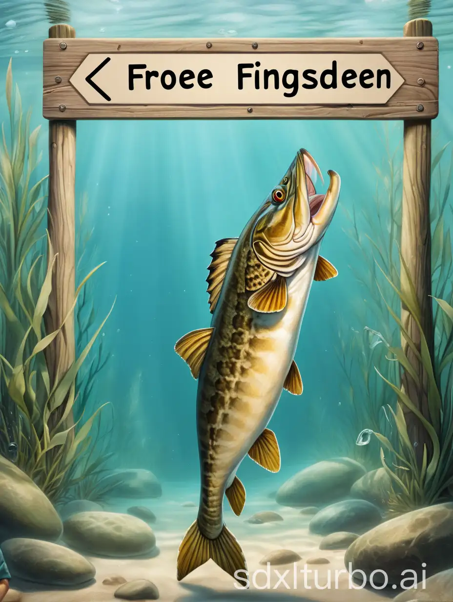 show a fish (pike) that is standing on its tail fin at the shore and looking around hungrily. Next to him stands a sign on which it says: 'Froe Fingsden'