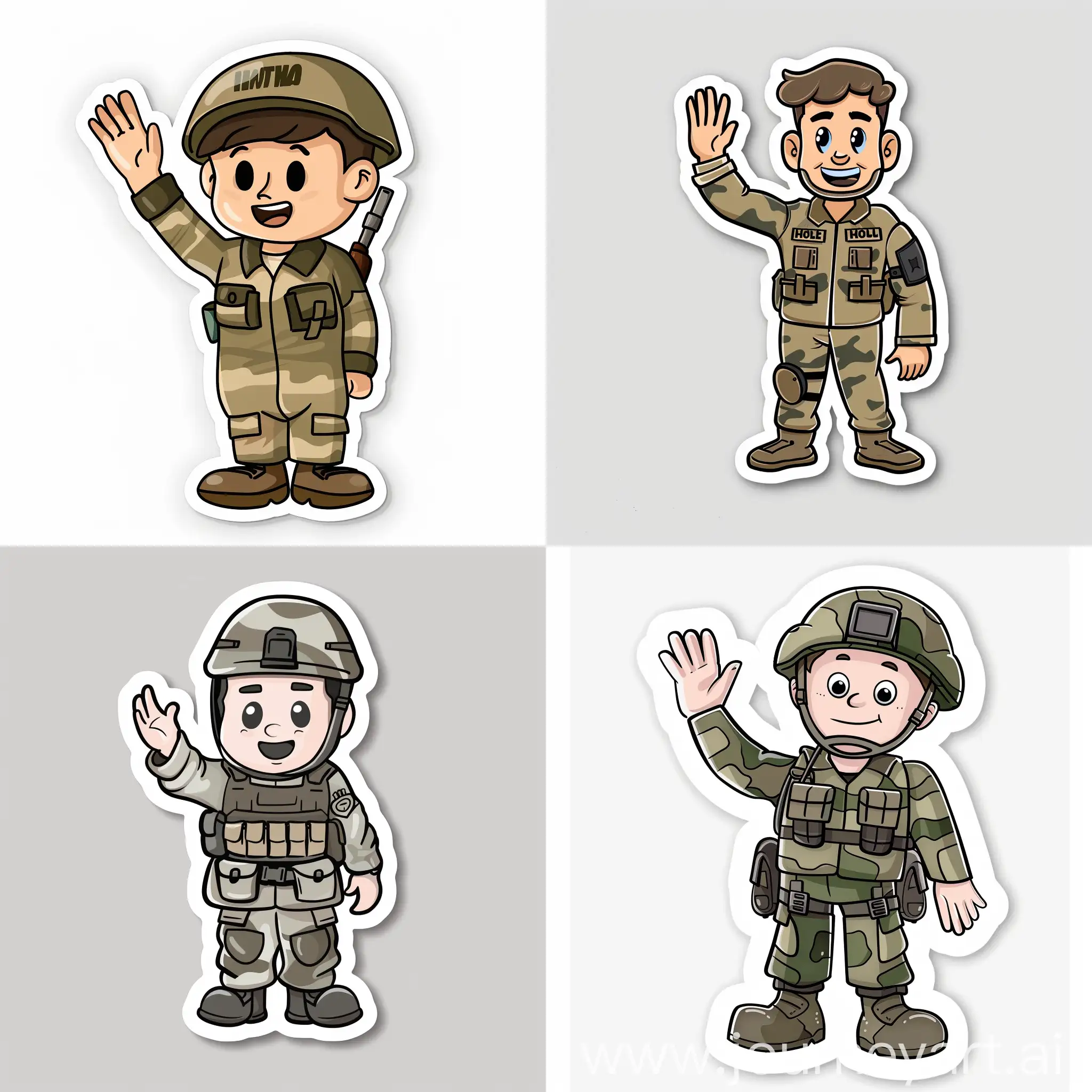 Нарисуй стикер на котором будет Военный который стоит и машет рукой и говорит привет (Нарисуй в мультяшном стиле)