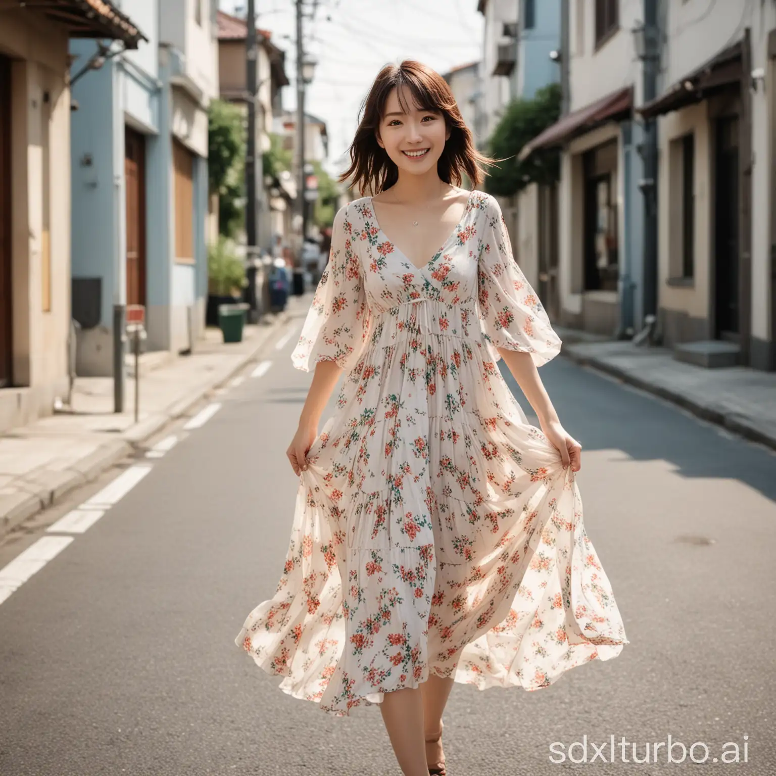 Aragaki Yui  walking down the street, wearing a flowing summer dress. Smiling. realistic photo