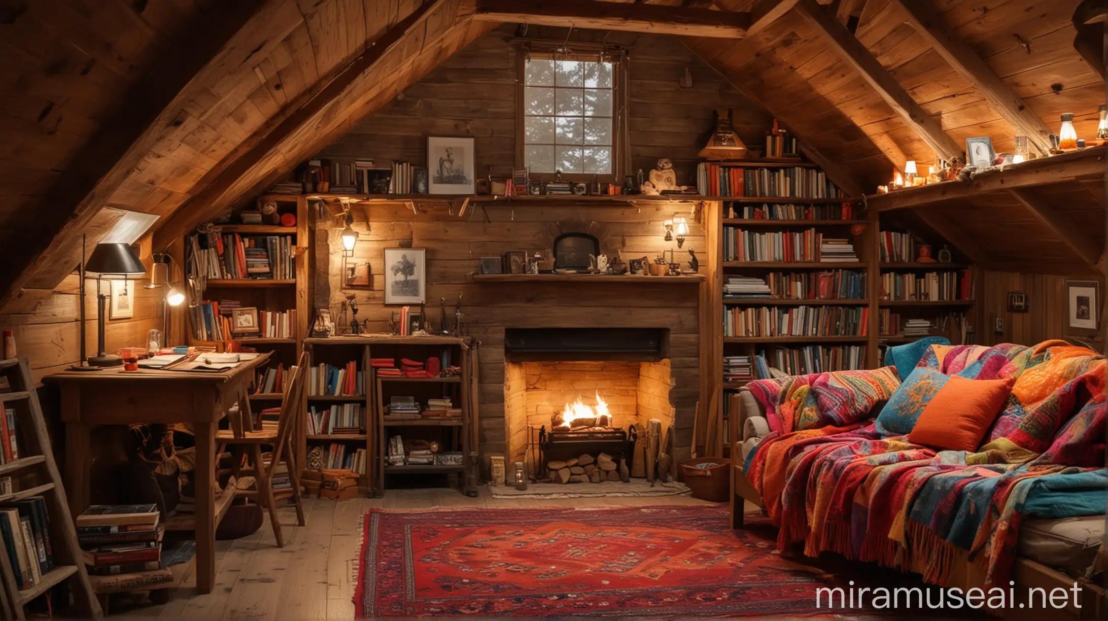 Cozy attic interior, wooden walls, glowing warm light emanates from fireplace, colorful blankets draped over mantel, wooden loft bed accessible by ladder, assorted books, table lamps, ornaments scattered to enhance snug a