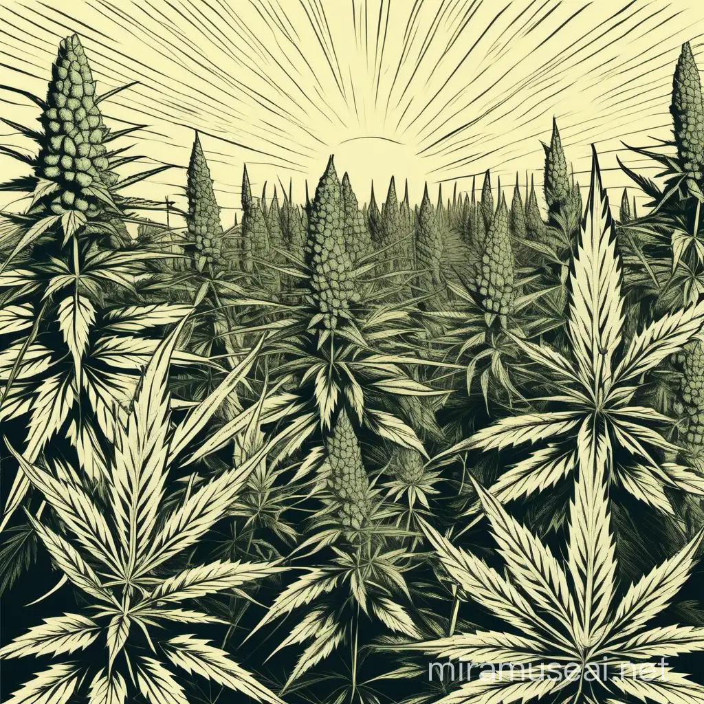 Field of marijuana plants, vintage style, Sketch line art, Retro,
