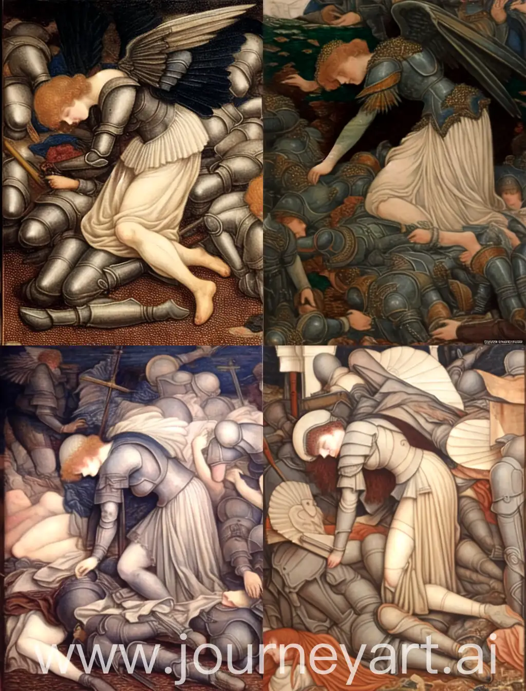 Edward Burne-Jones painting of a defeated female angel soldier kneeling on top of a pile of bodies after a long battle,  high detailed, full body —c 22 —s 750 —v 6.0 —ar 5:7