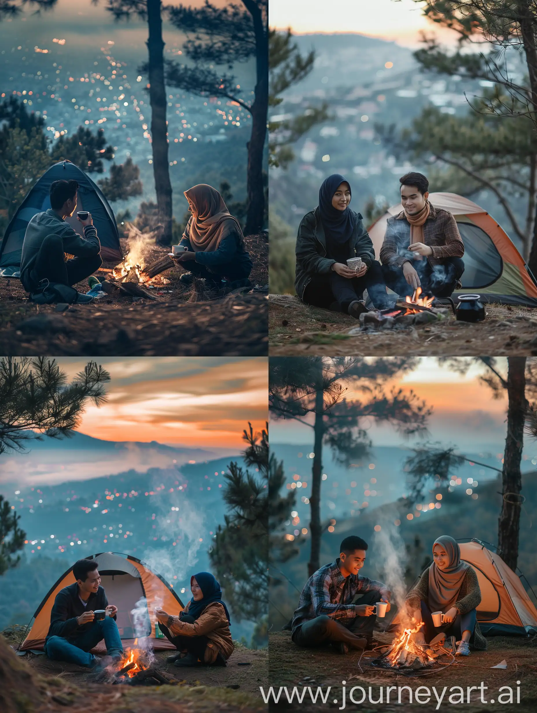 Asian-Couple-Camping-on-Hillside-with-Coffee-and-Campfire