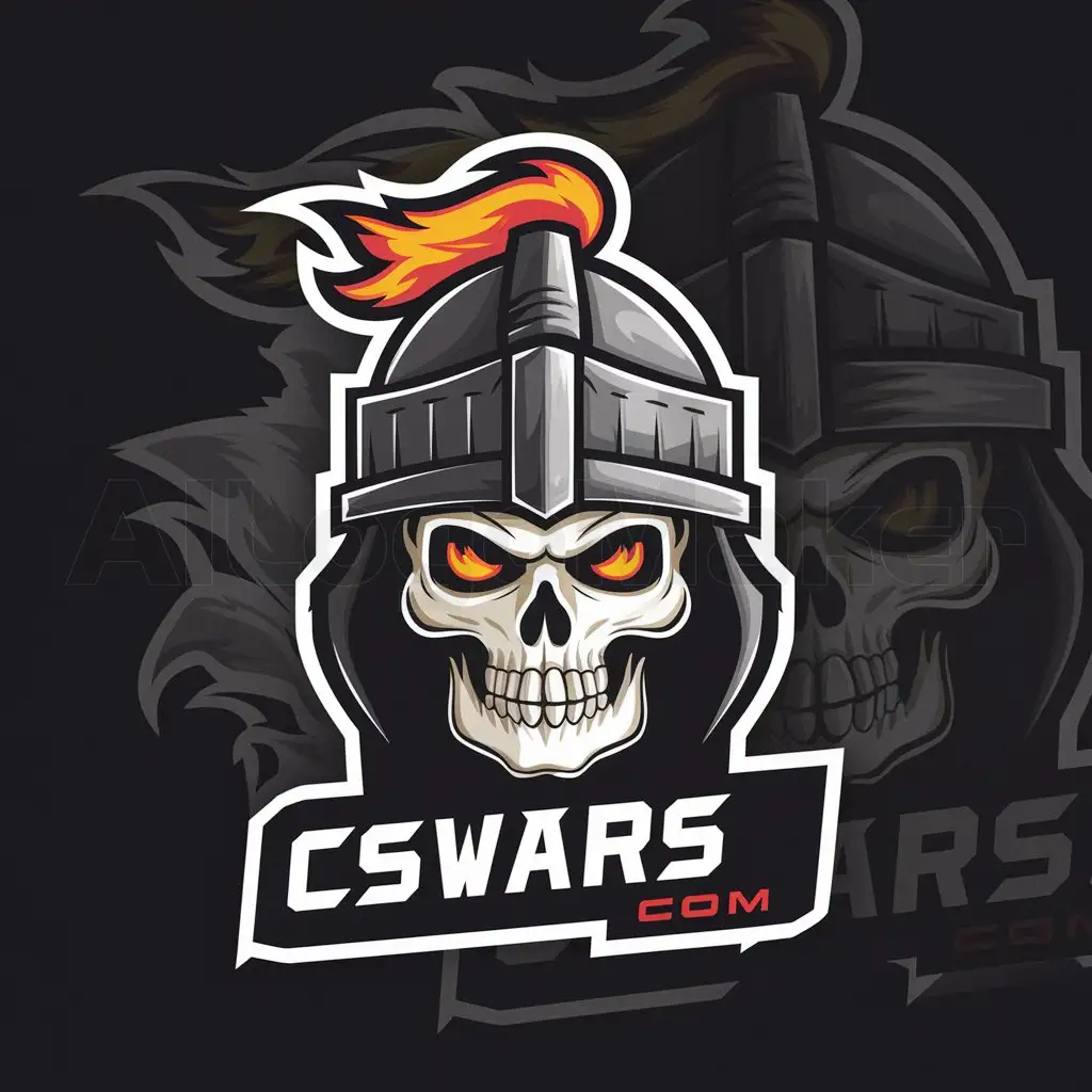 a logo design,with the text "CsWars.com", main symbol:skull head, there is fire in his eyes and he is in a helmet,Moderate,be used in Entertainment industry,clear background