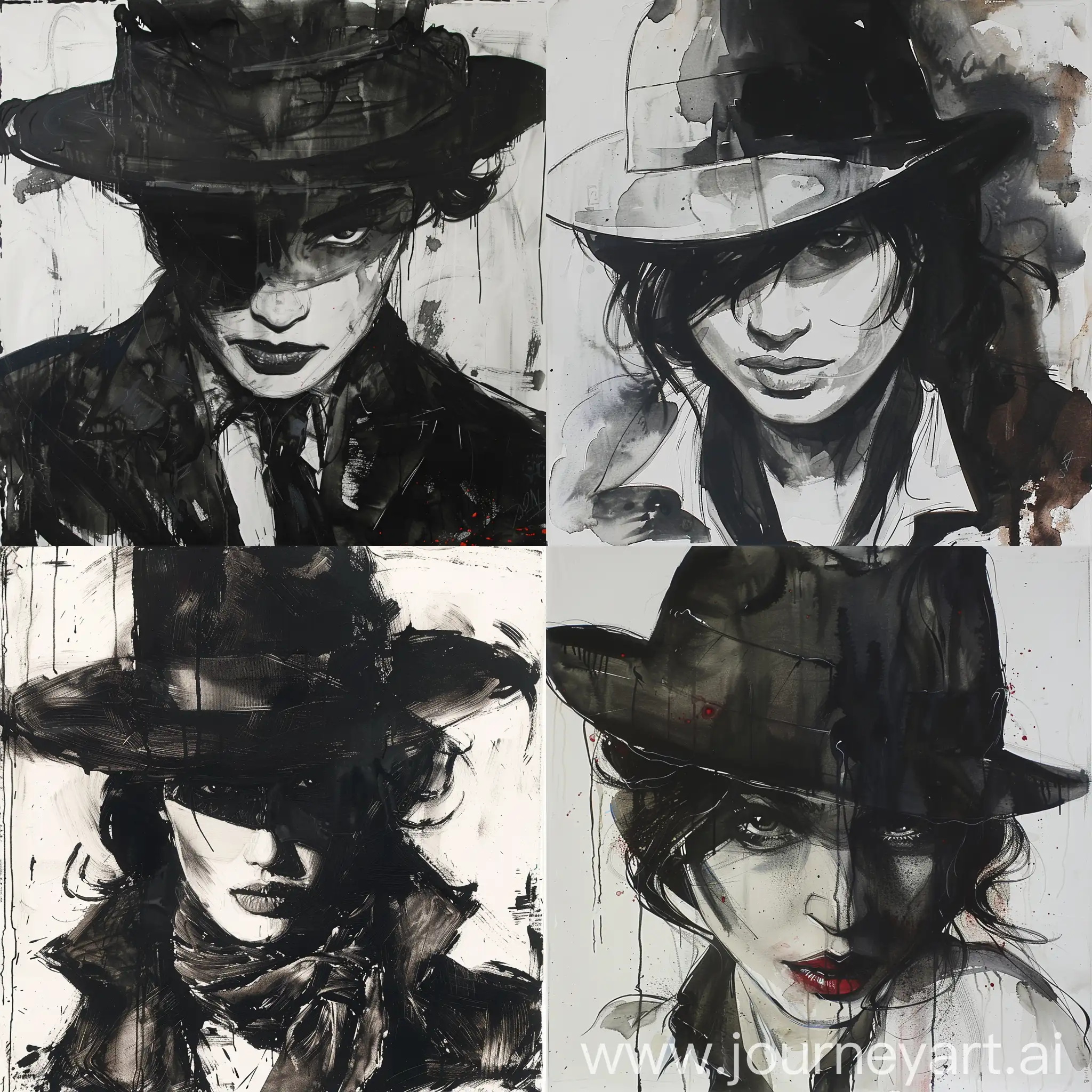 a portrati of an aline wearing a sutie and fedora, in eugene delacorix style, in yoji shinkawa inky painting portriat