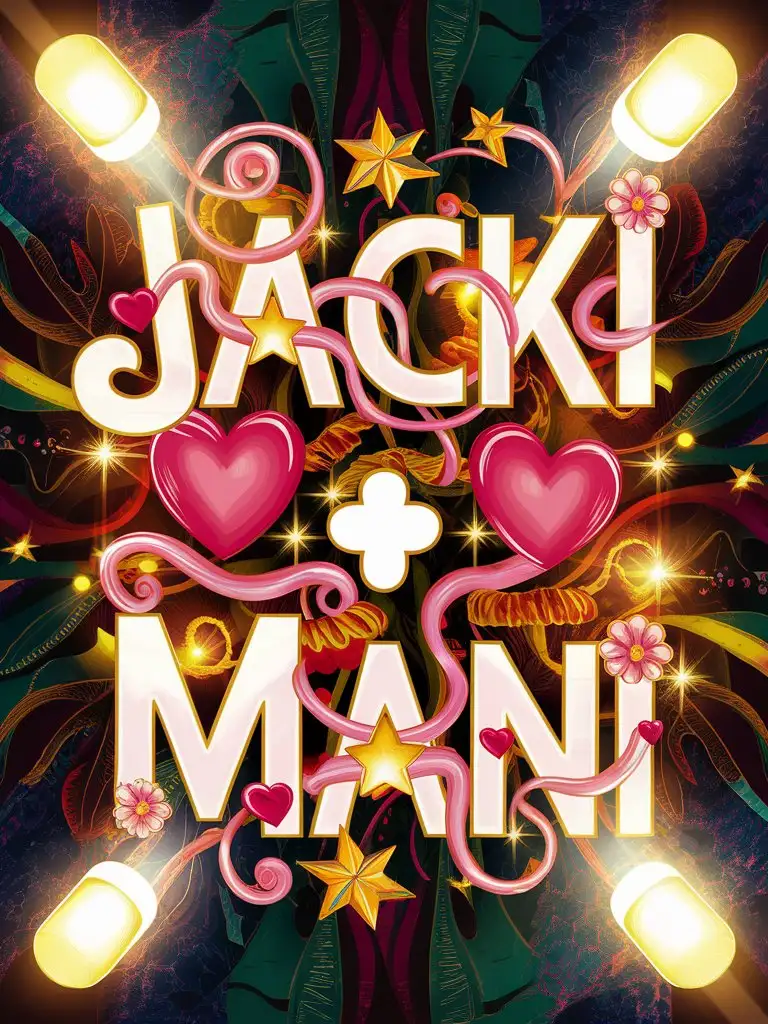 exotic script with the text content: JACKI + MANI, hearts, lights, flowers, stars,