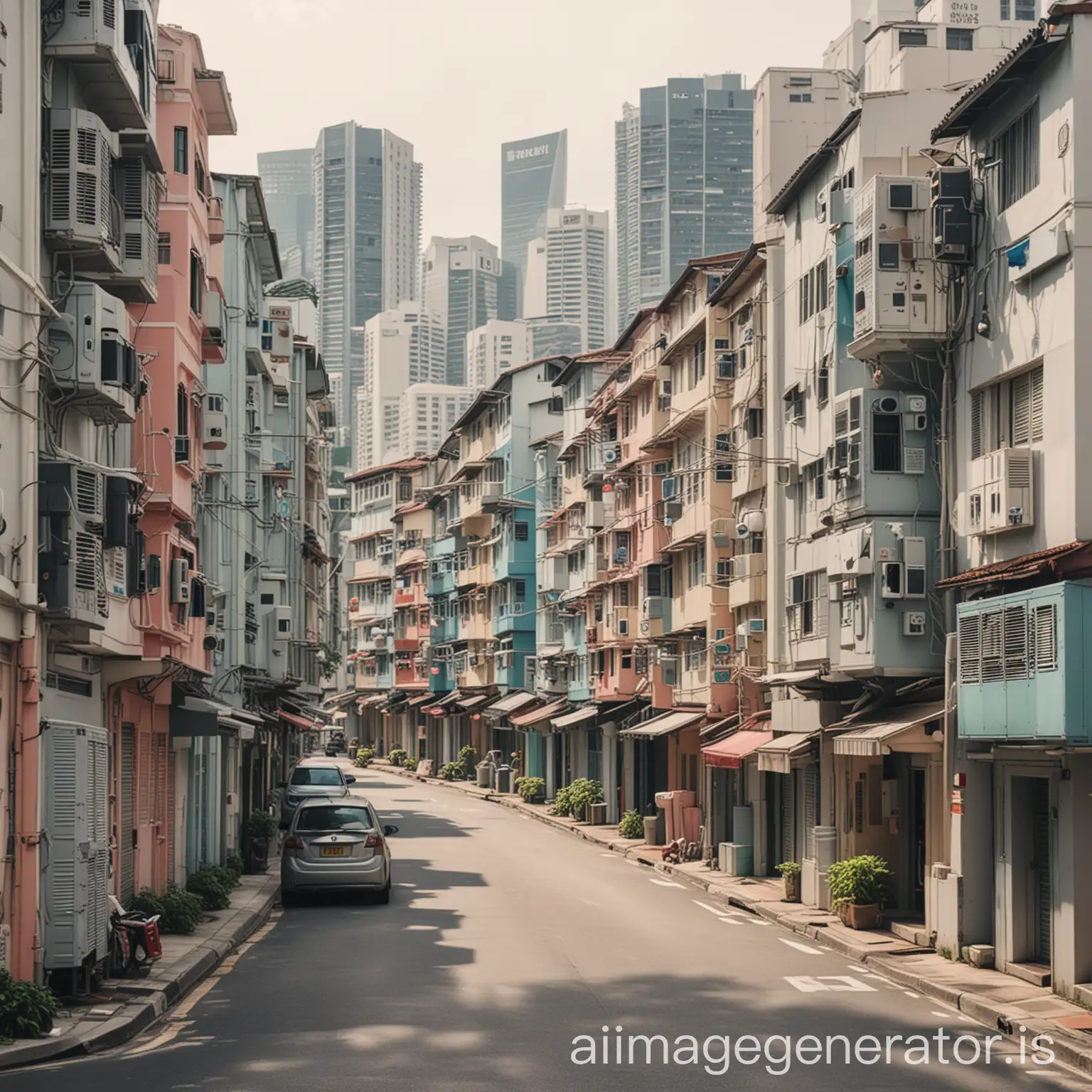 A street section in Singapore full of AC units on buildings in cartoonish style