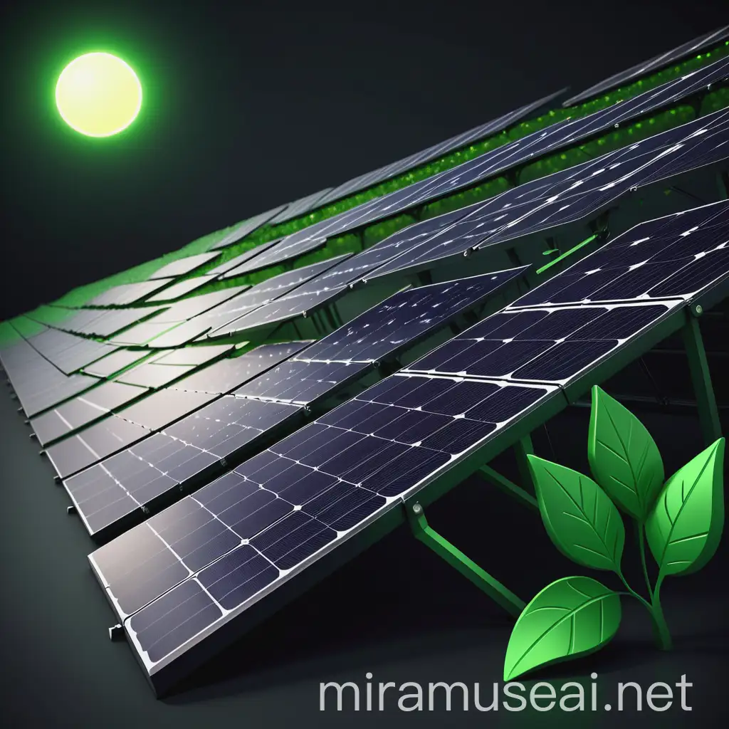 Solar panels on a dark background, green elements, 3D style, environmental friendliness