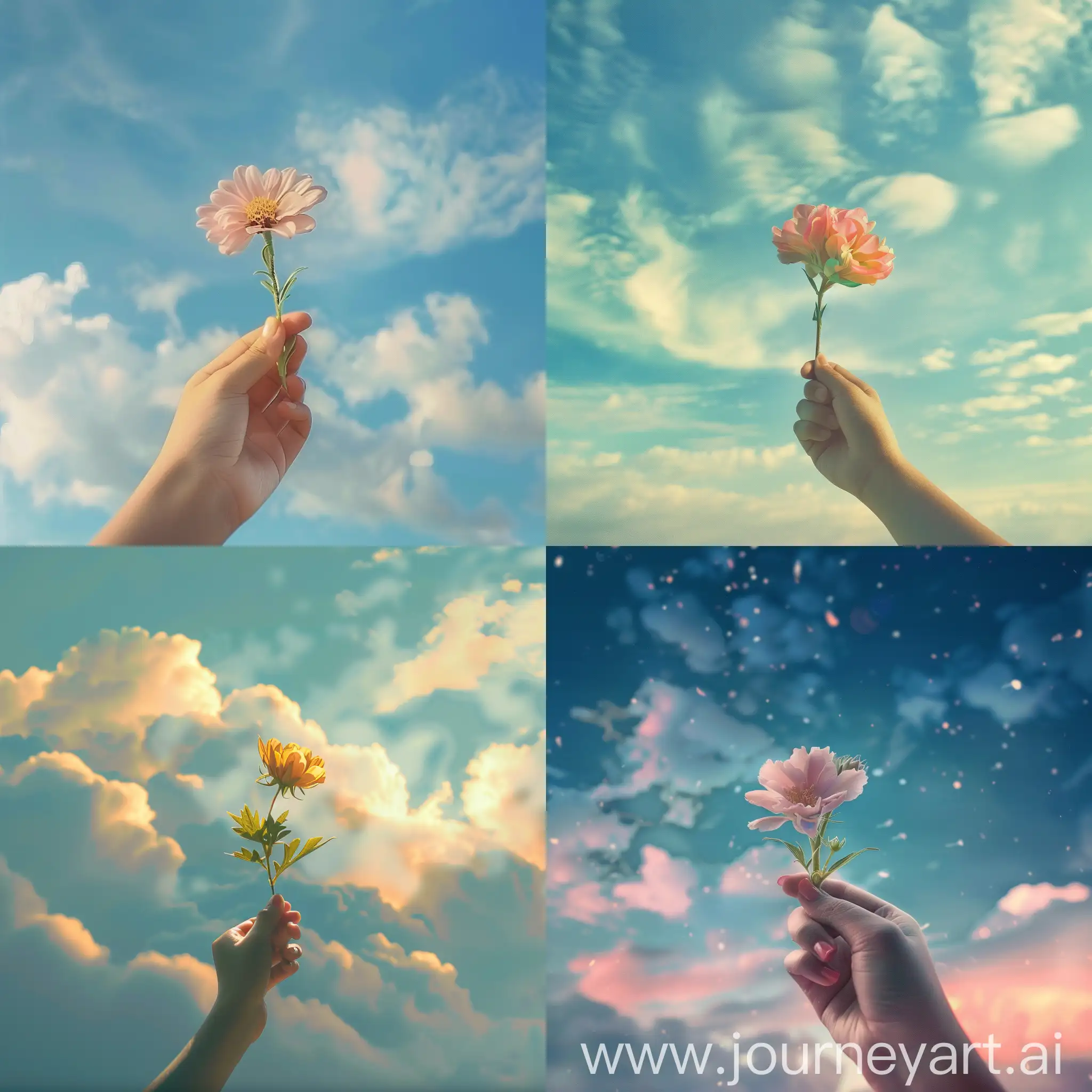 a girl hand holding a beautiful flower on the sky, background beautiful sky