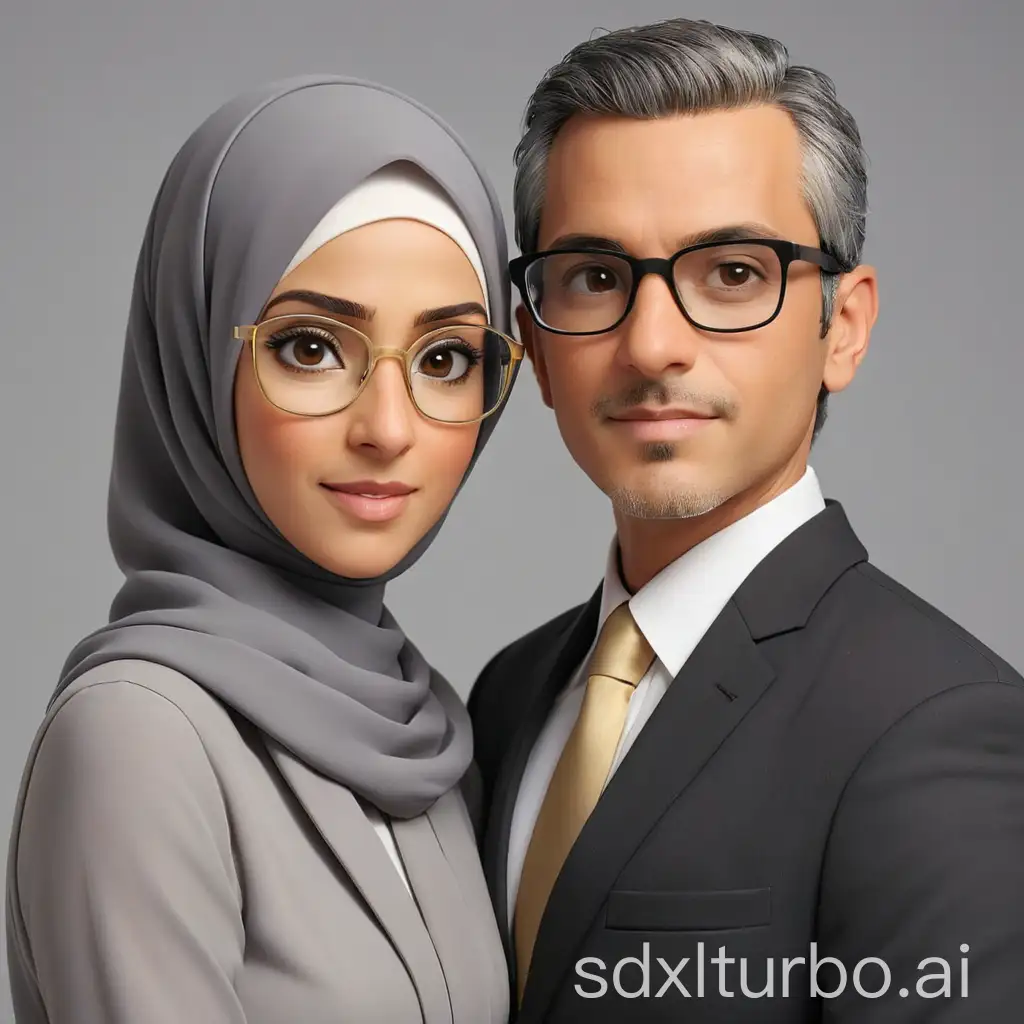 Create an image of a middle-aged man and woman posing together indoors. The man is on the right, wearing black-framed glasses, a black suit, a white shirt, and a grey tie. He has short black hair. The woman is on the left, wearing a light grey long hijab with gold-framed glasses. Under the grey hijab, she is also wearing a black inner hijab. The background is plain with a cream or white color. Both individuals are close to each other, showing a sense of togetherness and calmness.