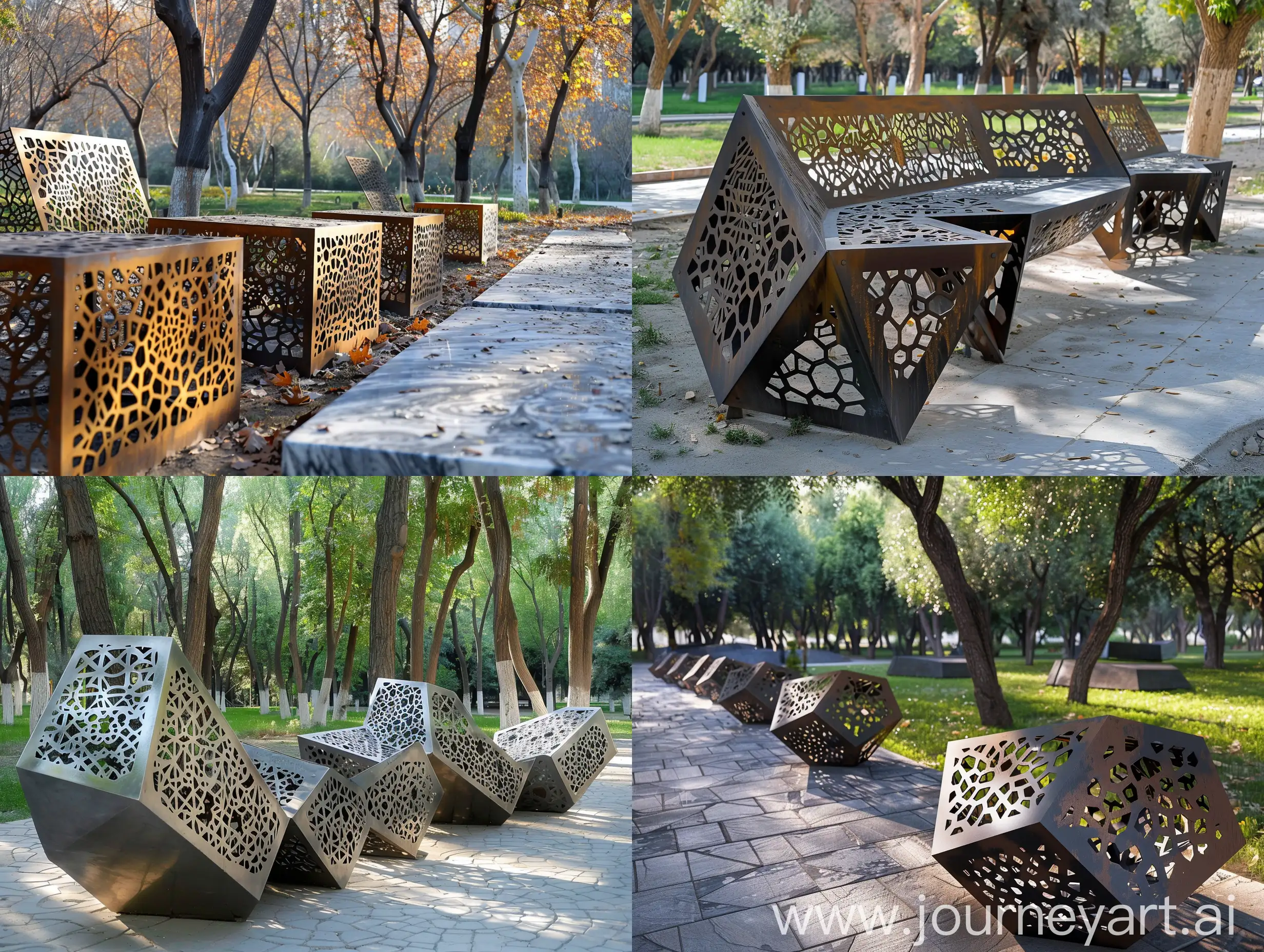 Modular Seating:Create modular seating for Mellat Park in Tehran, Iran, featuring geometric shapes with laser-cut Persian patterns. Each module should be 1 meter by 1 meter, made from metal sheets (stainless steel or aluminum), with a natural metal finish or powder-coated in earthy tones. The seating should be modular, allowing for various configurations, and placed in clusters to promote social interaction. The design should be durable, culturally relevant, and flexible, incorporating minimalist and modern design principles.Form & Shape: Geometric shapes with cut-out Persian patterns.
Structure: Individual modules that can be combined in various configurations.
Dimensions: Standard module size of 1 meter x 1 meter.
Materials: Metal sheets, preferably stainless steel or aluminum.
Color: Natural metal finish or powder-coated in earthy tones.Features:
Persian Patterns: Laser-cut into the metal, visible from top or front views.
Modular Flexibility: Can be rearranged to suit different spaces and needs.Location: Throughout Mellat Park, in clusters to promote social interaction.