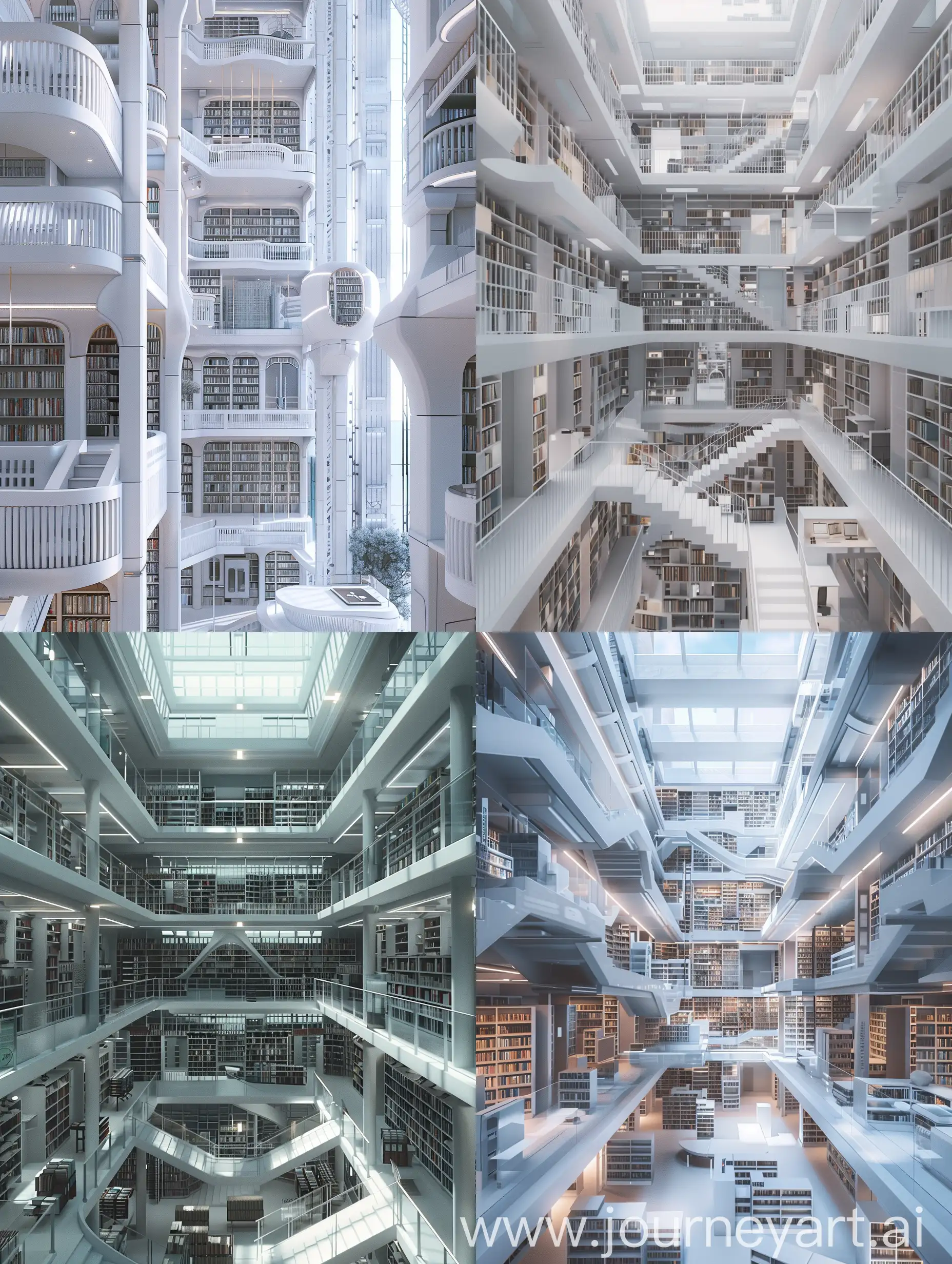 mix of a library building with five floors and stacks of books. main colors are white and grey. hi-tech style. 4k visualization at eye level.
