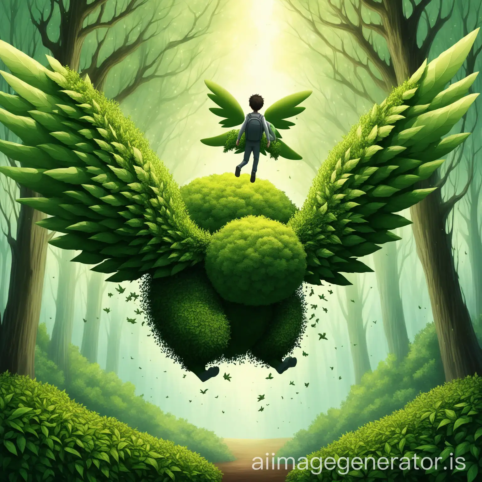 an amorphous flying shrubbery. Using his many leaves as tiny wings for flight. it is so big that it can carry a human on its back. Against a mystical forest backdrop