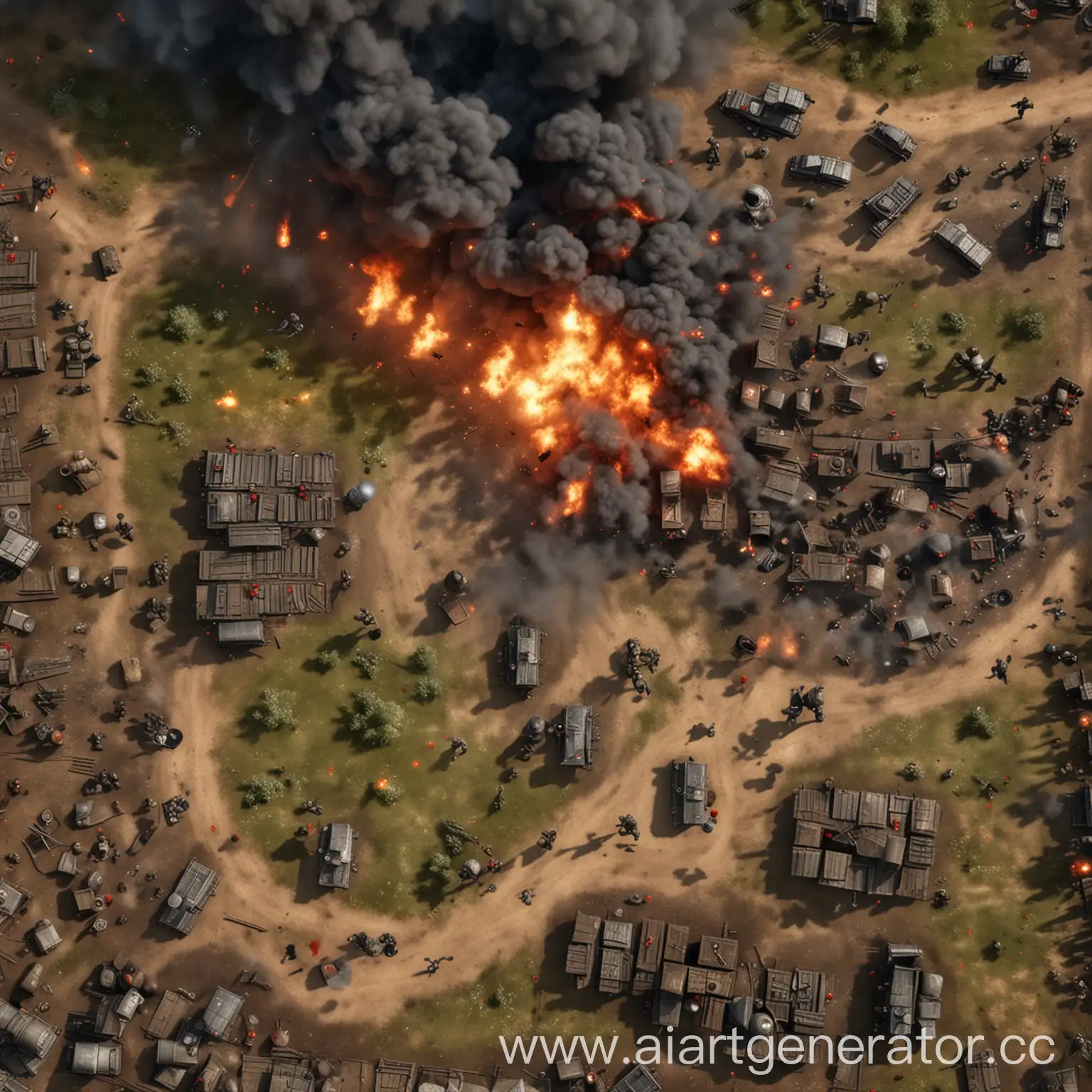 2D top-down game, realistic war painting style. Soldiers on a battlefield, USSR tanks, trenches, smoke, explosions. Inspired by  Albrecht Altdorfer 'Battle of Issus