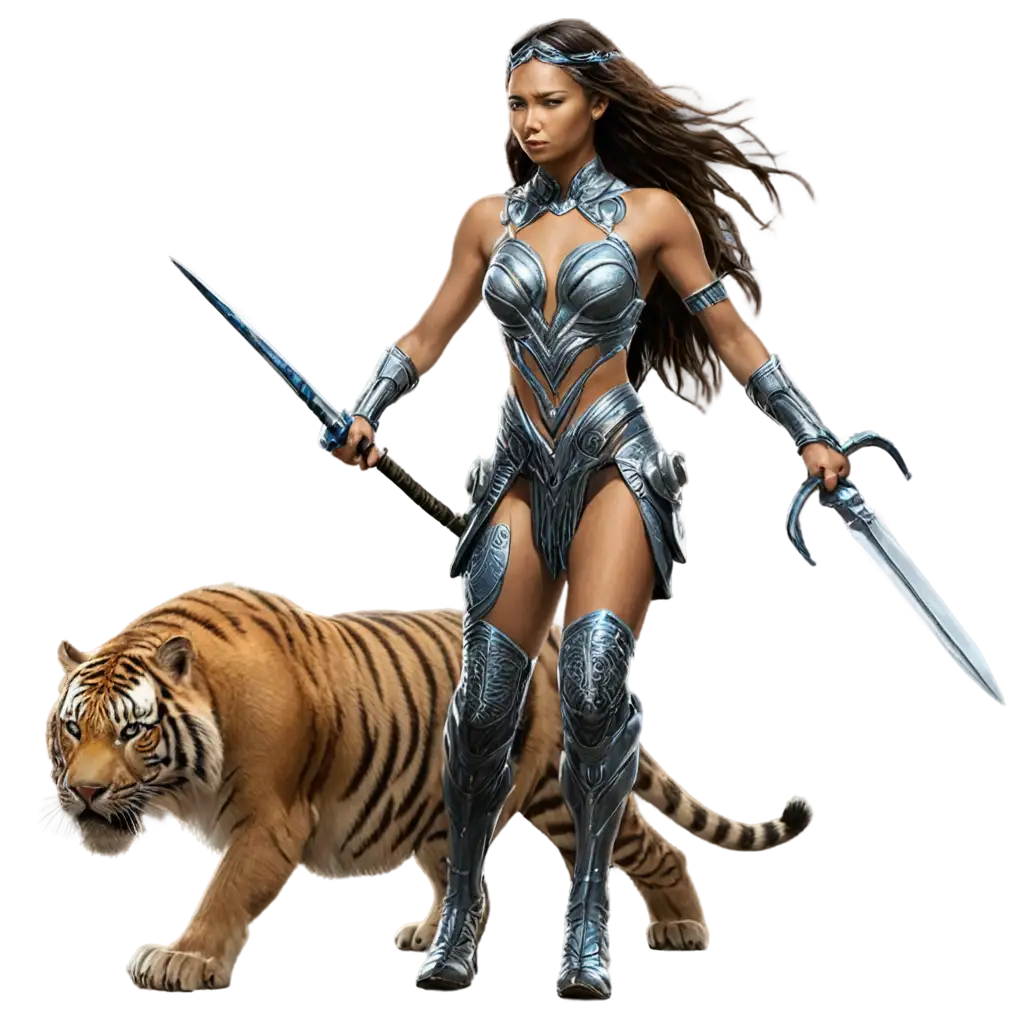 a full body tribal woman, adorned in futuristic attire woven from organic materials and adorned with tribal markings and cybernetic enhancements at the heart of a distant future where echoes of the ancient world intertwine with advanced technology and tribal cultures. She is riding a saber-tooth tiger holding a spear in an arctic environment with futuristic buildings --ar 5:6 --s 777 --style raw