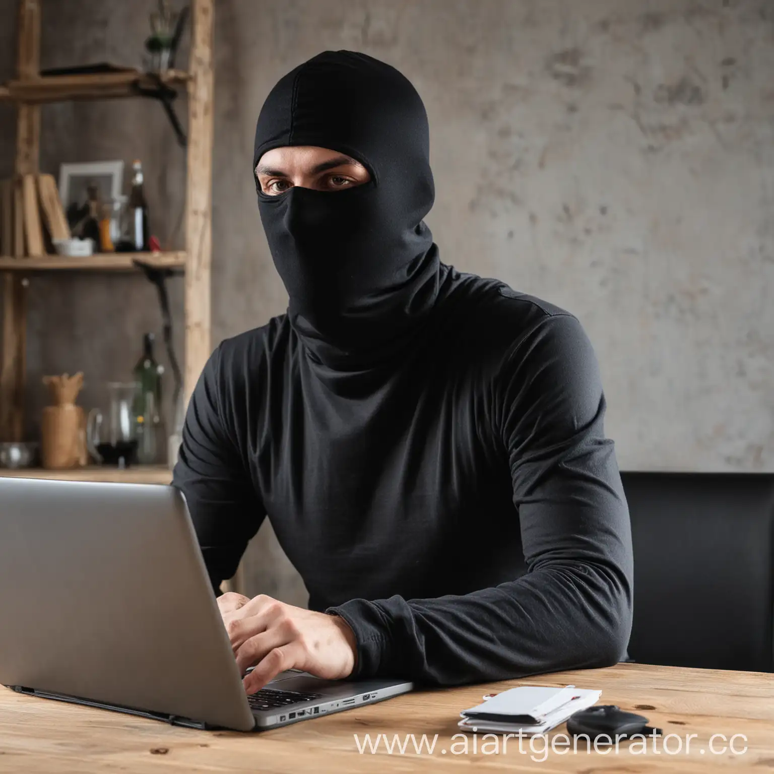 Person-Wearing-Balaclava-Working-on-Laptop-at-Table