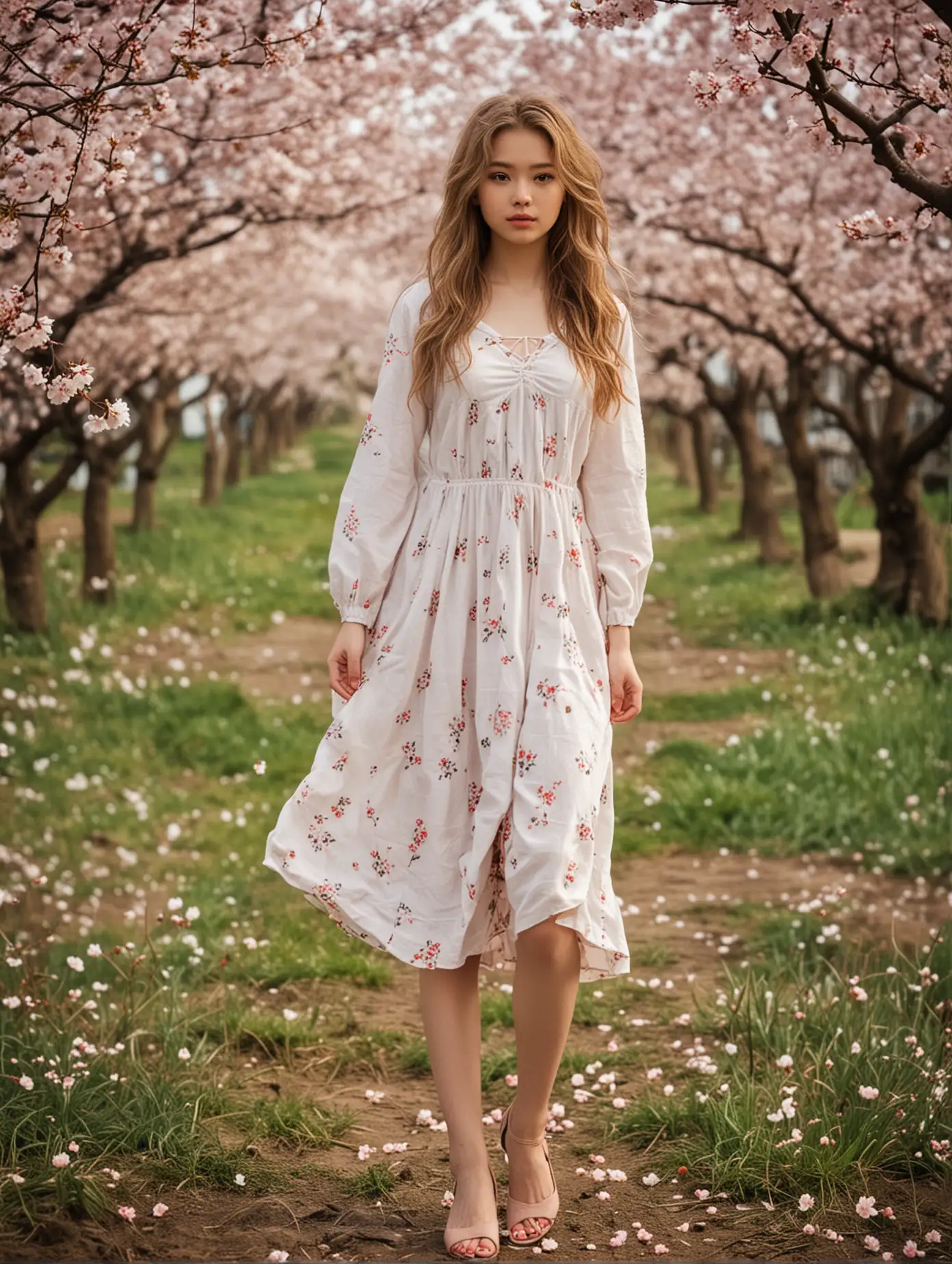 16 old teen with dark blonde medium long messy hair, dressed in light cotton dress, long legs, high heel shoes, standing among  cherry blossoms in Japan