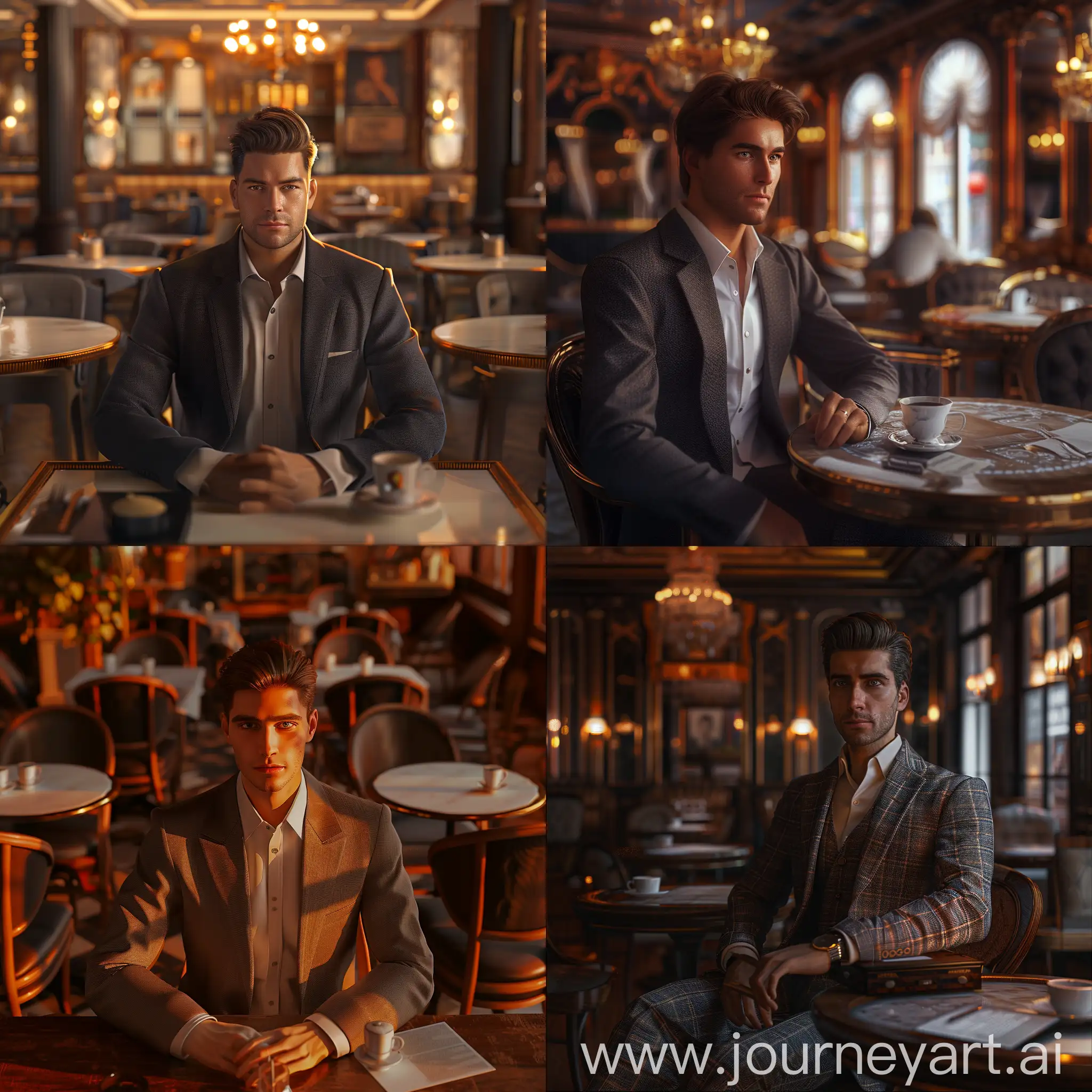a man in a suit sitting at a cafe table with a desk in front of him, detailed facial features, exquisite suit, realistic setting, cafe interior with tables and chairs, warm lighting, (best quality,4k,8k,highres,masterpiece:1.2),ultra-detailed,(realistic,photorealistic,photo-realistic:1.37),highly detailed,intricate details,cinematic lighting,warm tones,elegant composition,photorealistic,detailed textures,professional photograph