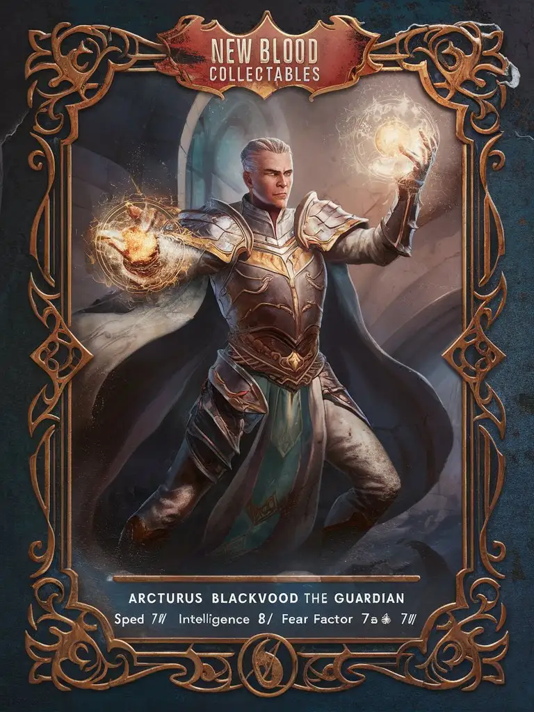 Design a corroded and discolored 'New Blood Collectables' 'Arcturus Blackwood the Guardian' card bearing showcasing a stalwart protector wielding ancient magic, with a regal illustration, ornate border. 'Strength: 8/10''Speed: 7/10''Intelligence: 8/10''Fear Factor: 7/10'