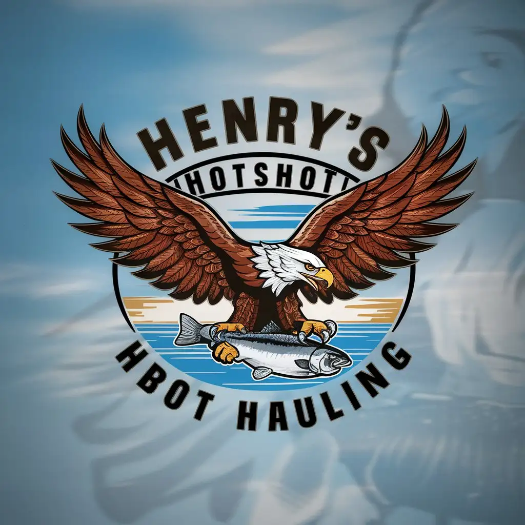 a logo design,with the text "HENRY’s hotshot hauling", main symbol:A fierce eagle spreads wings and feathers while grasping a salmon in its claws just above the water below,Moderate,clear background