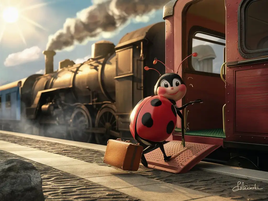 A cartoon about a little ladybug who was going to go on a trip on an old steam locomotive, took a suitcase with her and went out on the platform, is going to enter the passenger carriage of the locomotive