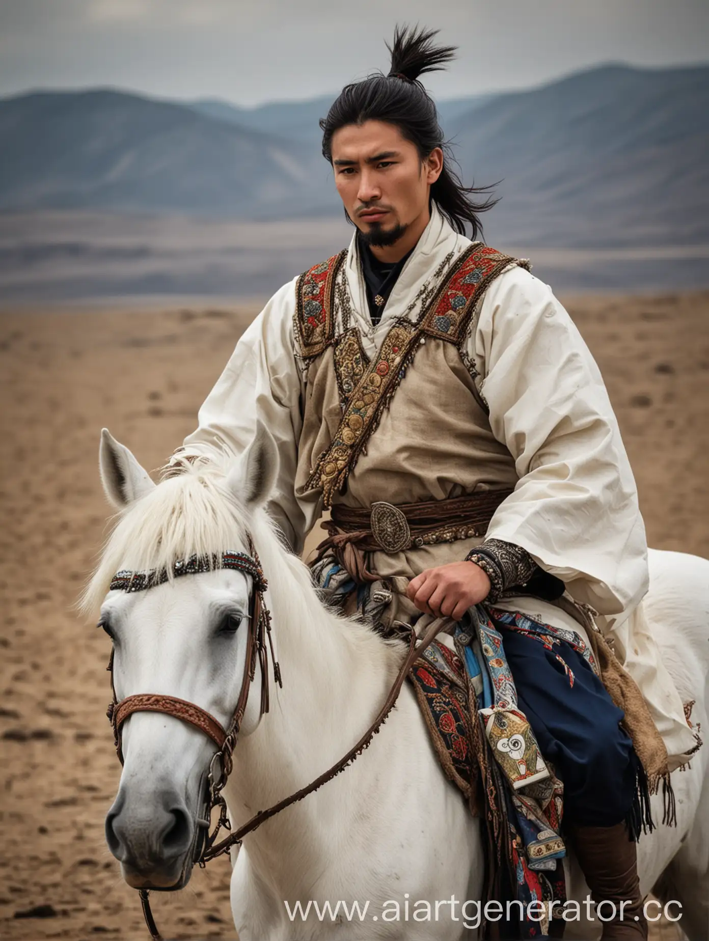 Пустыня, на белом коне, смуглый темноволосый мужчина,  в восточной одежде, монгол, в руке письмо