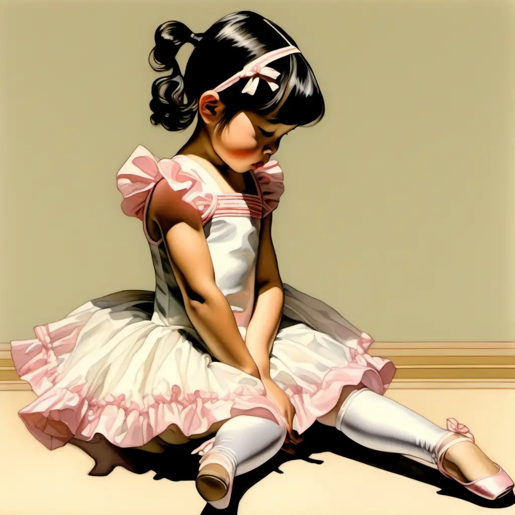 bored 4-year-old girl, shy, looking at the ground, ballerina outfit, leyendecker-style, asian

