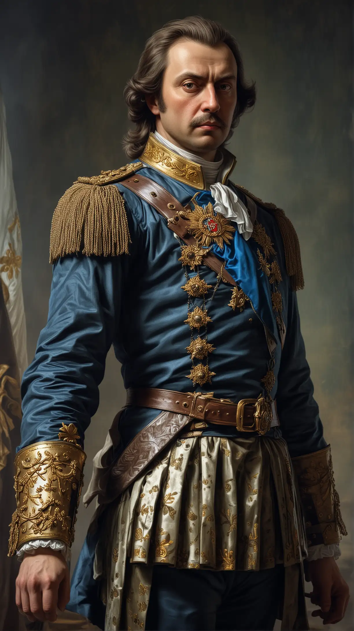Create an image depicting Peter the Great, the influential Tsar of Russia, standing tall with a determined expression, symbolizing his ambition for modernization.