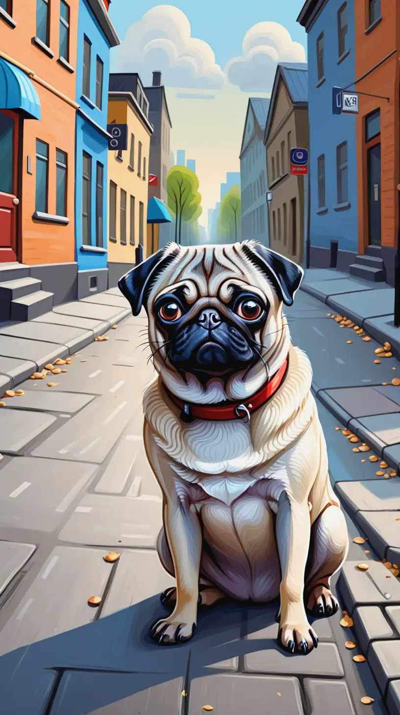 Naive Art Pug Dog Strolling the City Streets