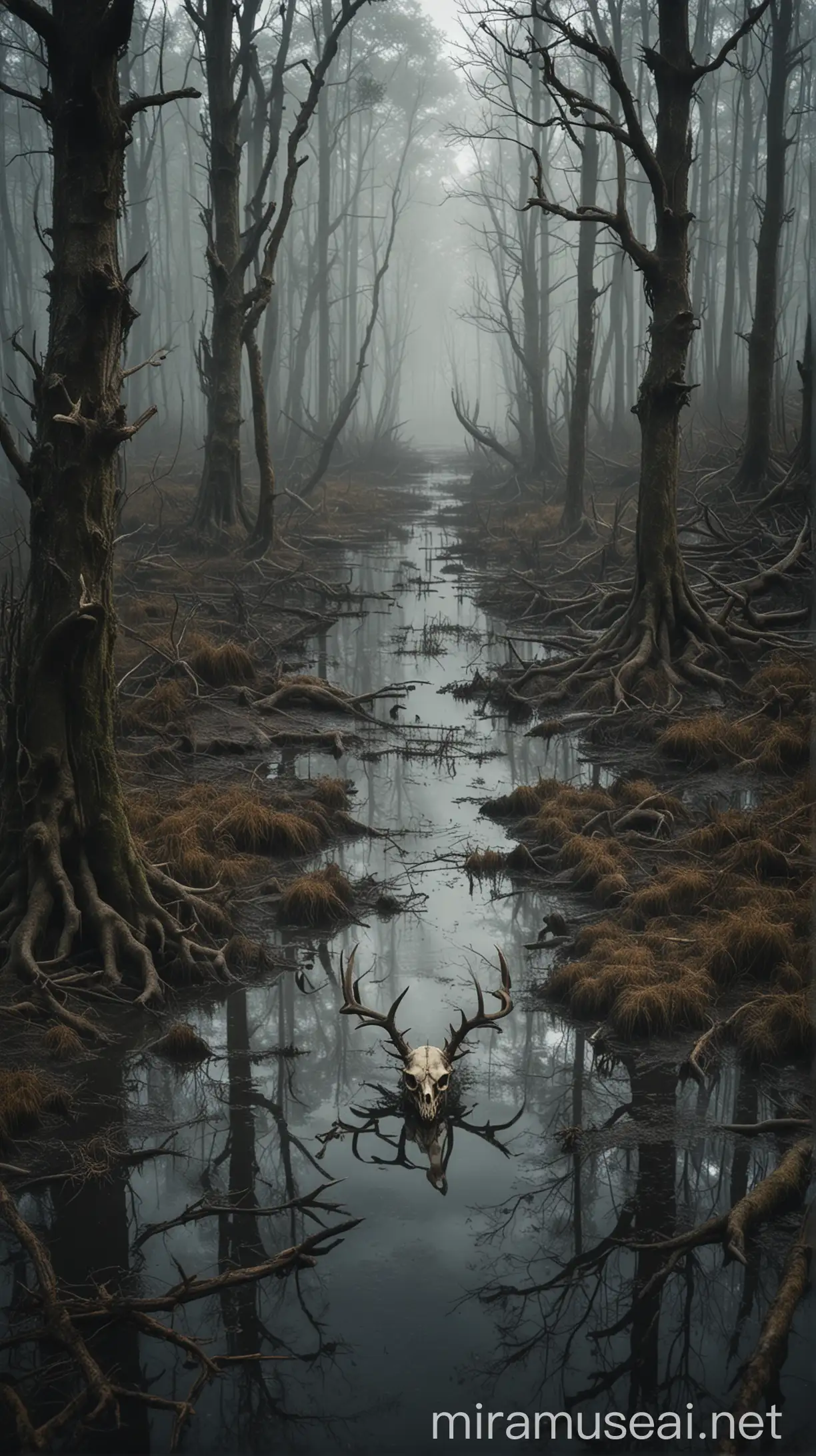 swamp terrain in an old thick forest, much mud and water, distant view from a high tree, dark, much fog and gloom atmosphere with Leshy forest ghost deer skull 