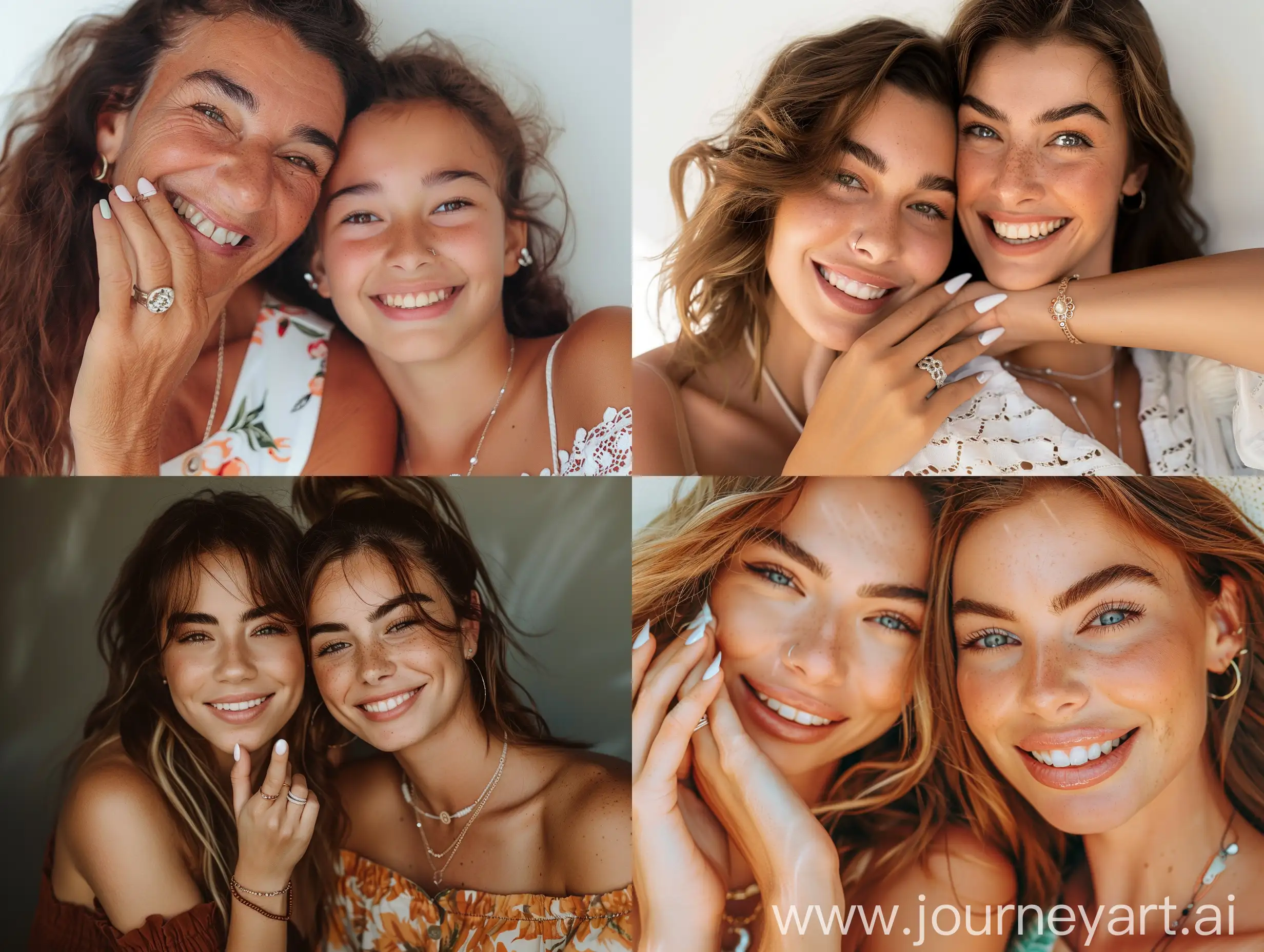 Aesthetic Facebook photograph of a mother and 18 year old daughter taking a photo together, professional studio, studio lighting, close up of face, highly detailed, smiling, hands up on faces, white gel nail polish, top models, super model faces, bushy eyebrows, summer clothing, necklaces, rings