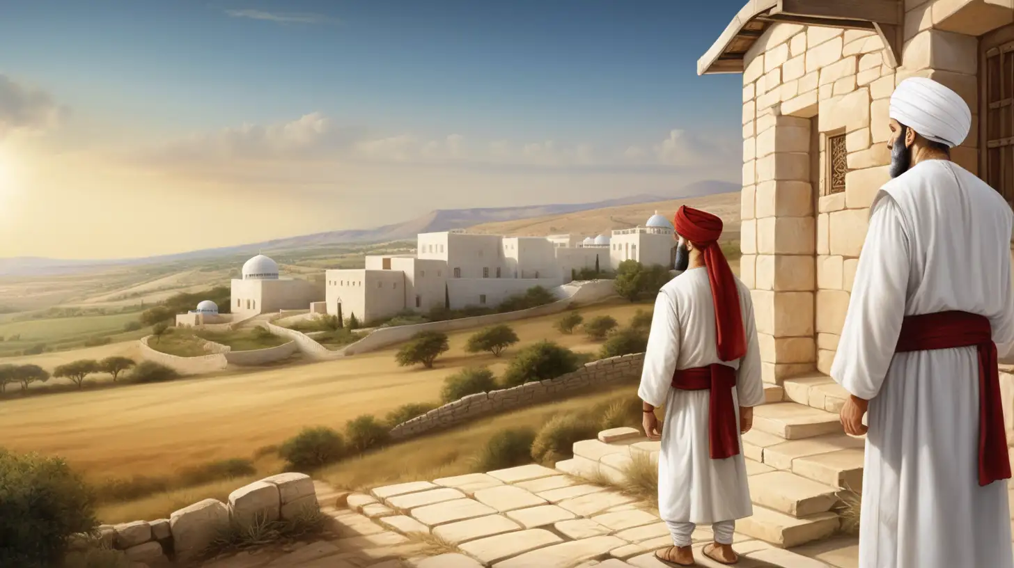 Handsome Hebrew Man in White Turban Standing by Beautiful Hebrew House