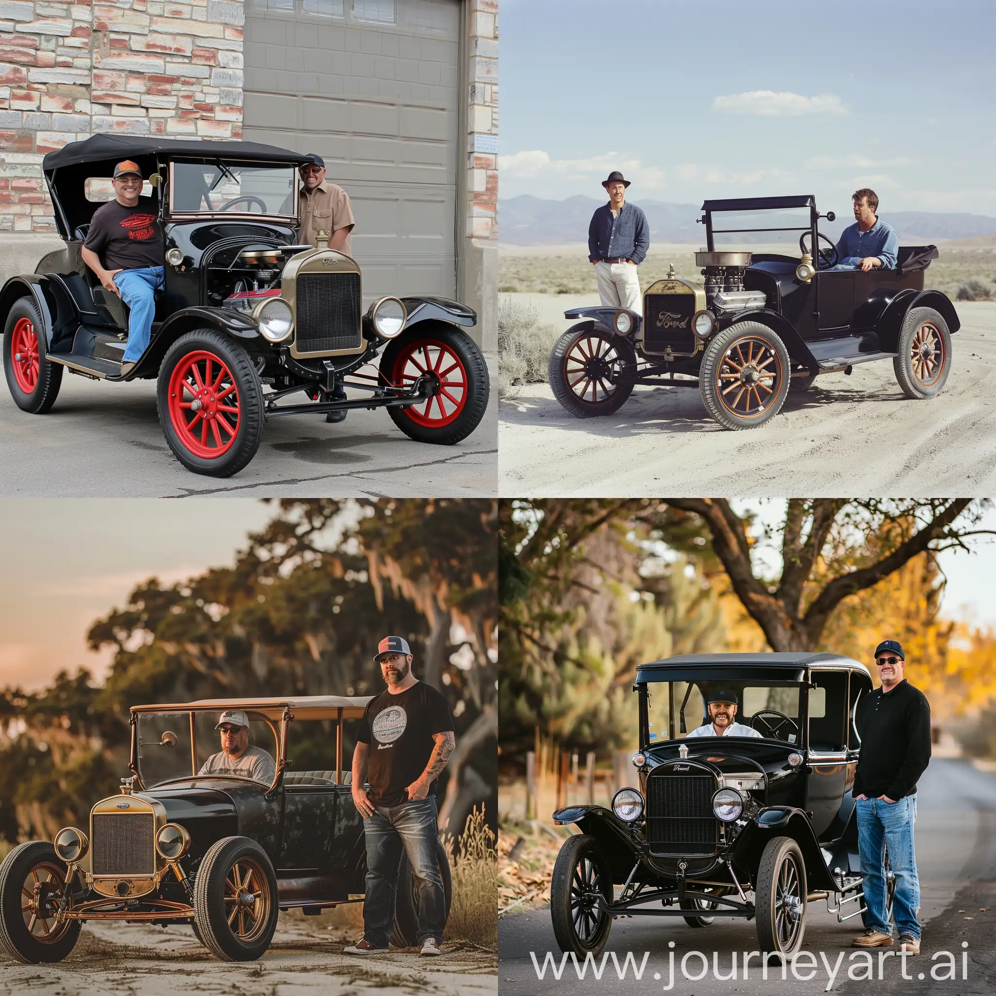 1 man sitting in Model-T Hot Rod and 1 man standing next to it realistic high resolution